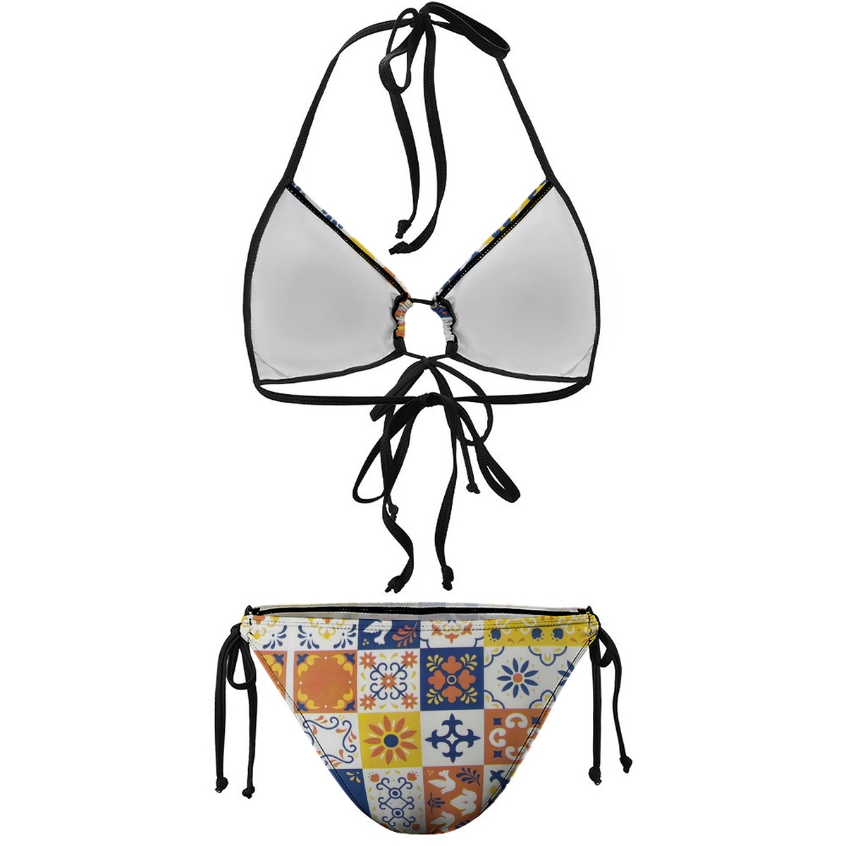 Women's Beach Bikini Artistic Mosaic Print with Mediterranean Colors and Black Trim
