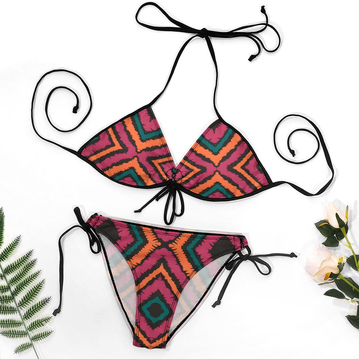 Women's Geometric Bikini Set Zigzag Pattern in Red Orange and Teal with Tie Side Bottoms