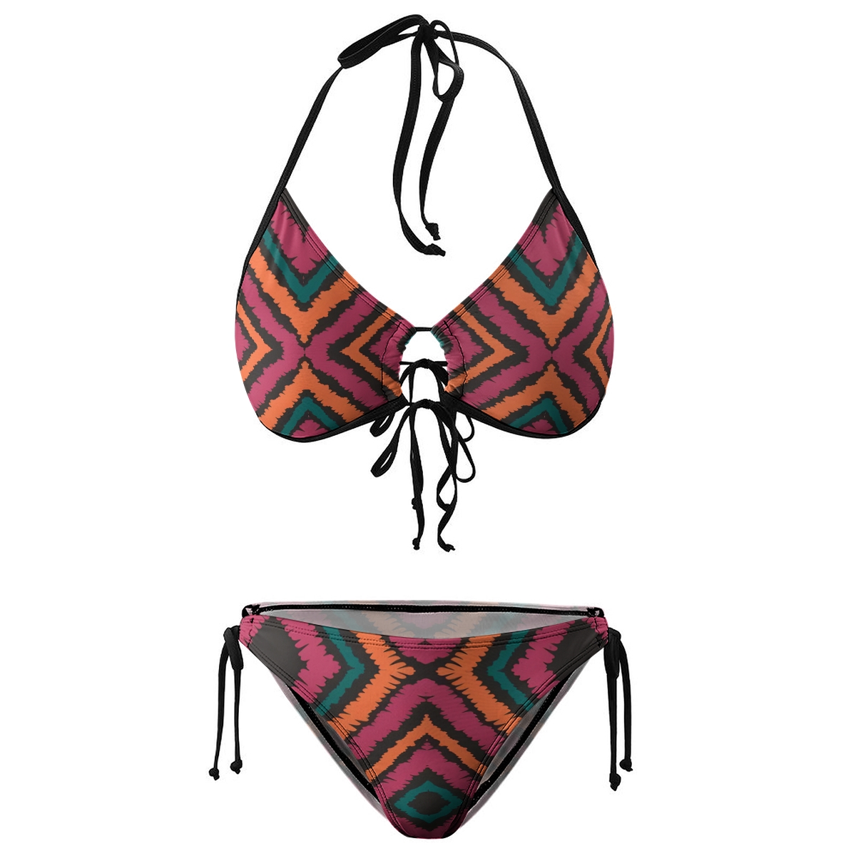 Women's Geometric Bikini Set Zigzag Pattern in Red Orange and Teal with Tie Side Bottoms