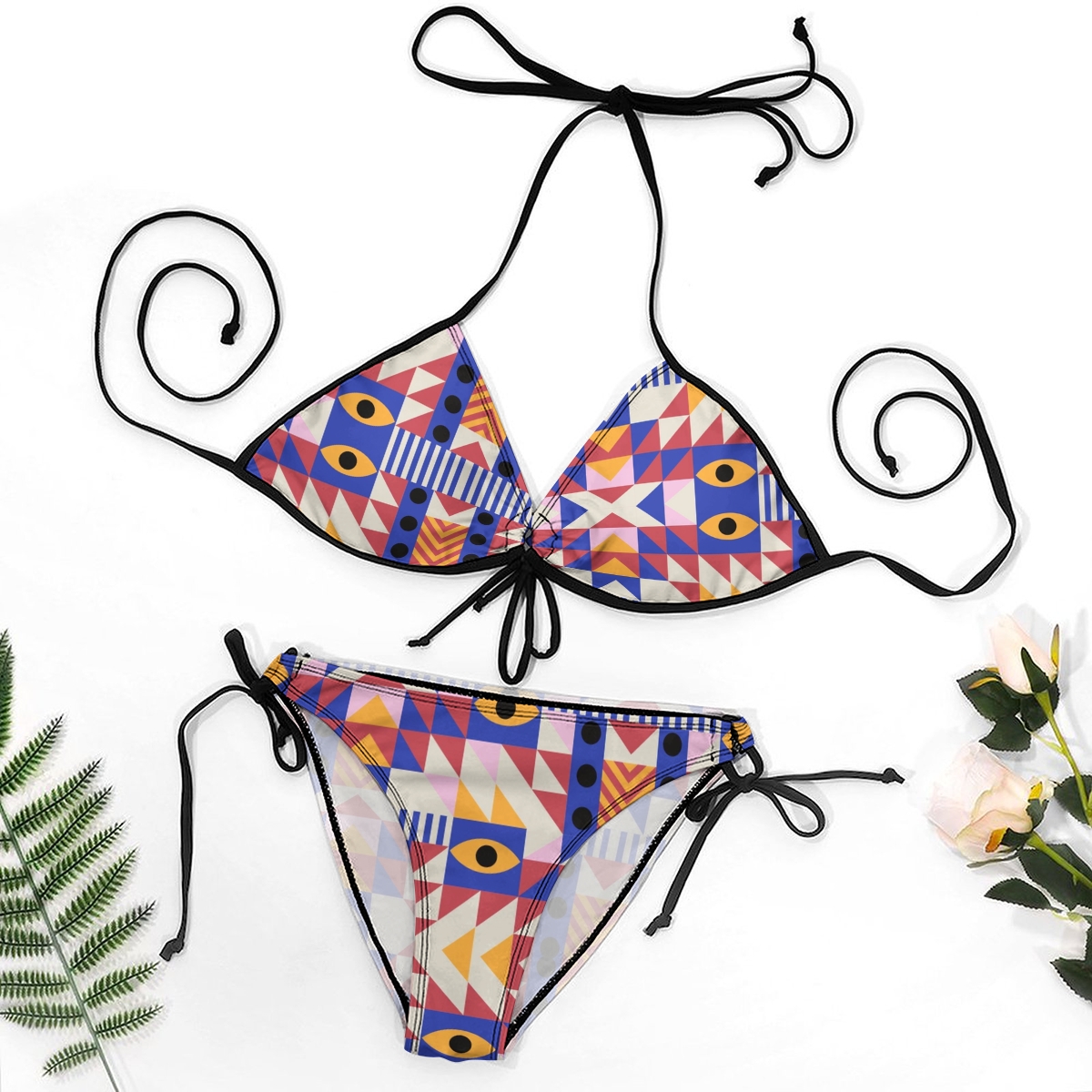 Symbolic Bikini for Women Abstract Shapes and Eye Design with Halter Neck and Tie Details