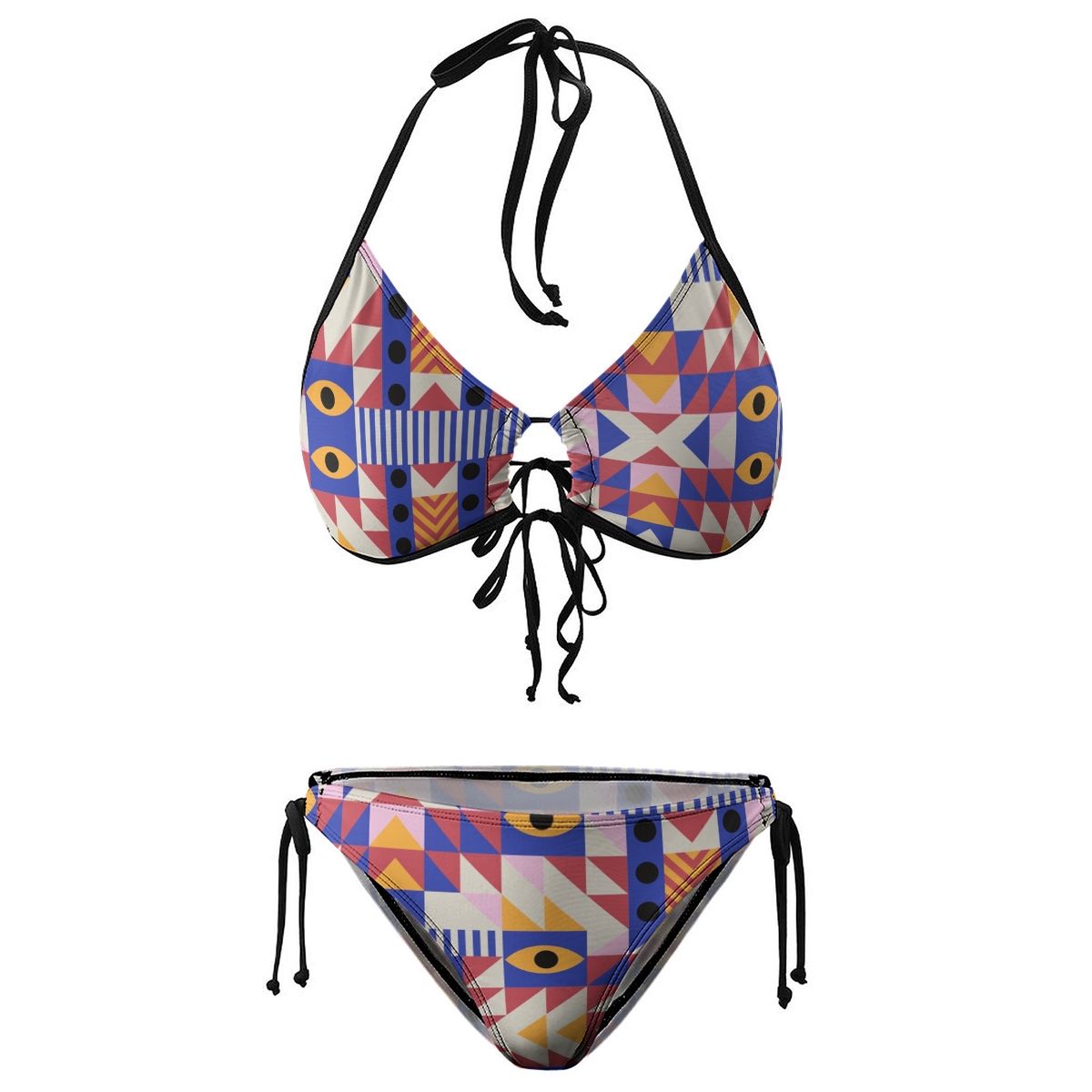 Symbolic Bikini for Women Abstract Shapes and Eye Design with Halter Neck and Tie Details
