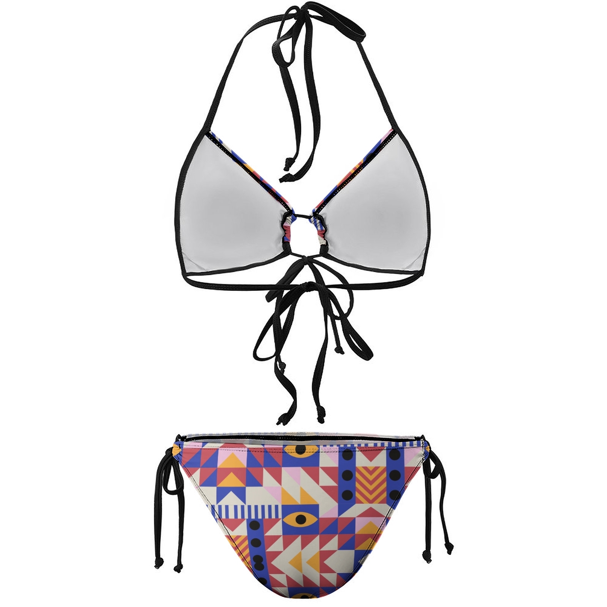 Symbolic Bikini for Women Abstract Shapes and Eye Design with Halter Neck and Tie Details