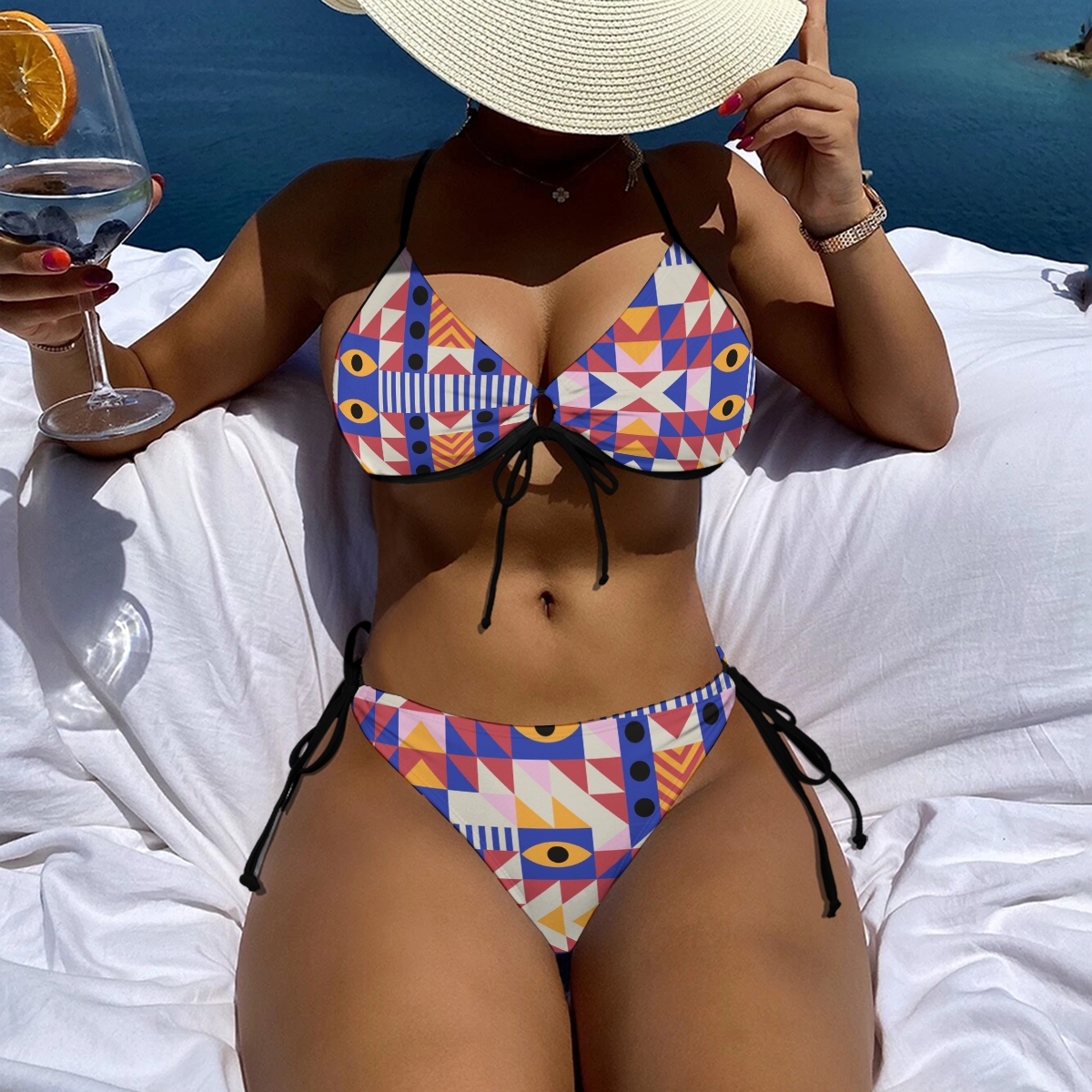 Symbolic Bikini for Women Abstract Shapes and Eye Design with Halter Neck and Tie Details