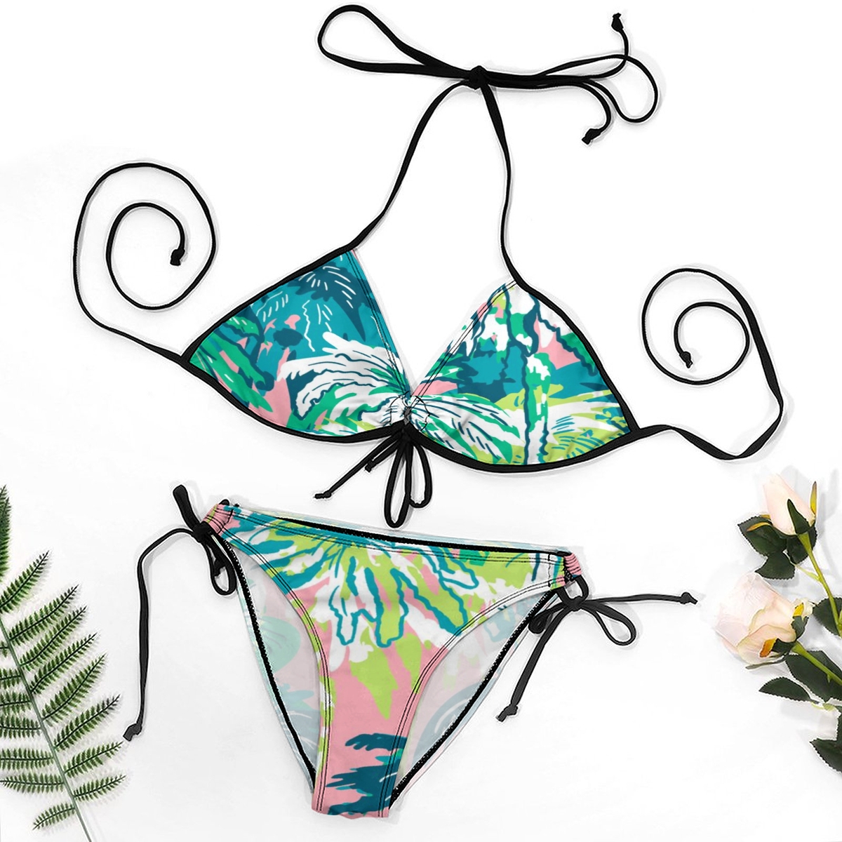 Women's Tropical Floral Bikini Set Green and Blue Leaf Print with Tie Side Bottoms