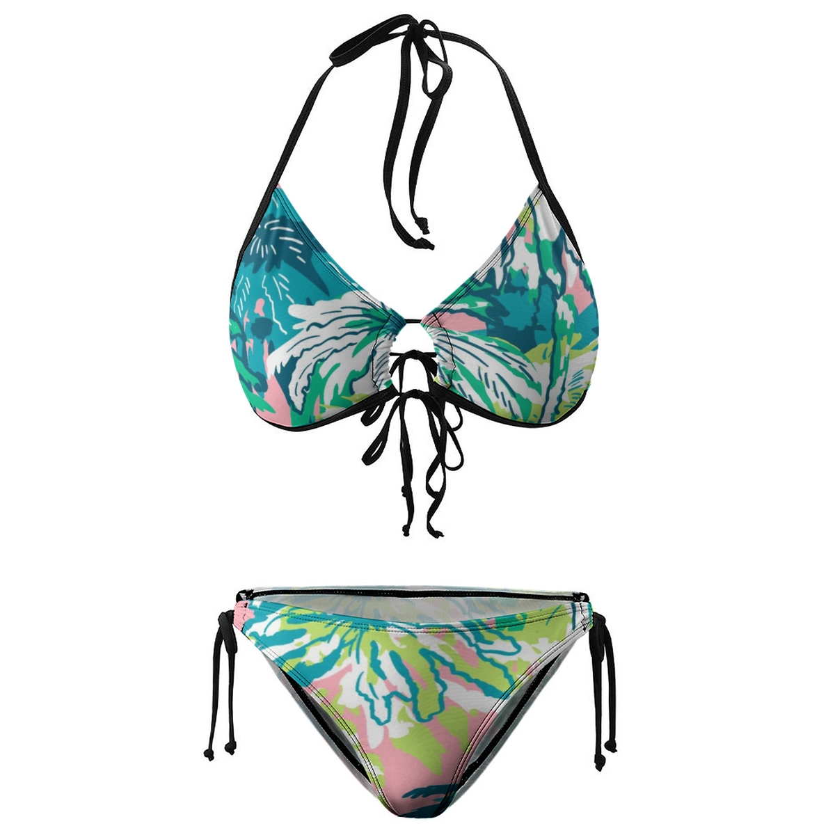 Women's Tropical Floral Bikini Set Green and Blue Leaf Print with Tie Side Bottoms