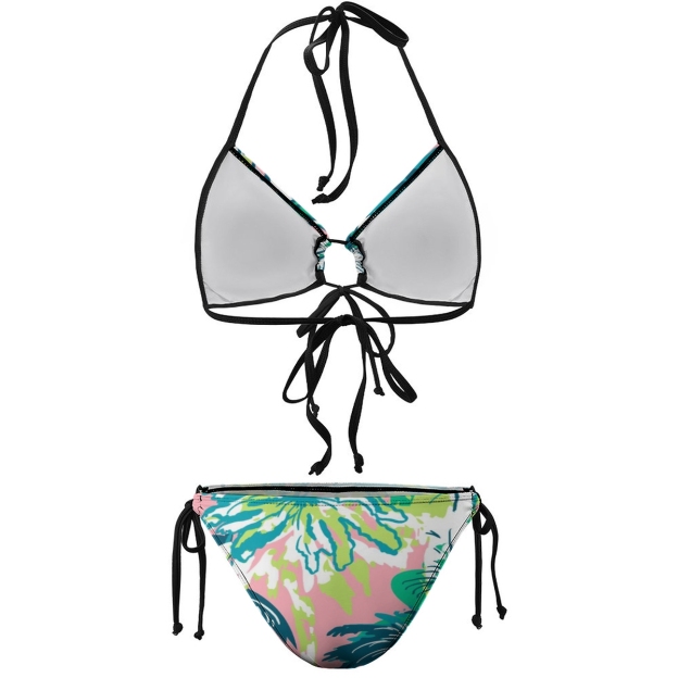 Women's Tropical Floral Bikini Set Green and Blue Leaf Print with Tie Side Bottoms