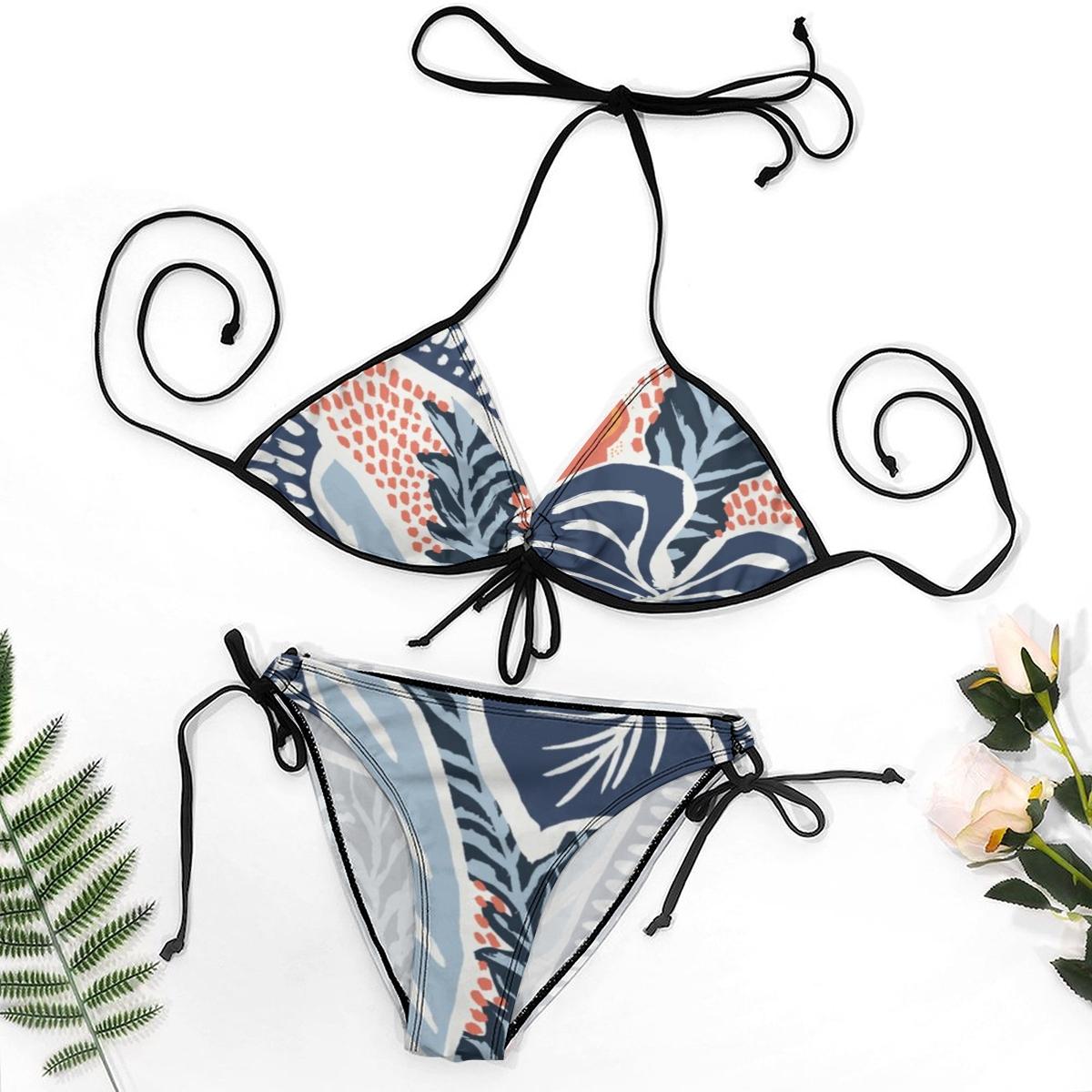 Stylish Bikini Set Multicolor Leaf and Reef Pattern with Black Straps and Tie Details