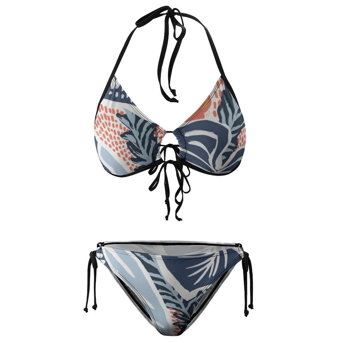 Stylish Bikini Set Multicolor Leaf and Reef Pattern with Black Straps and Tie Details