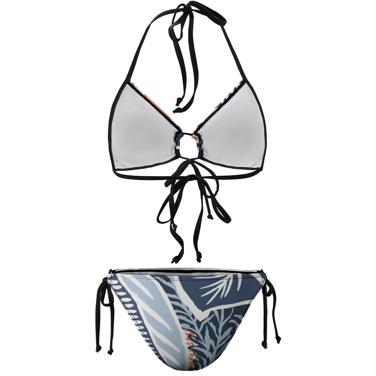 Stylish Bikini Set Multicolor Leaf and Reef Pattern with Black Straps and Tie Details