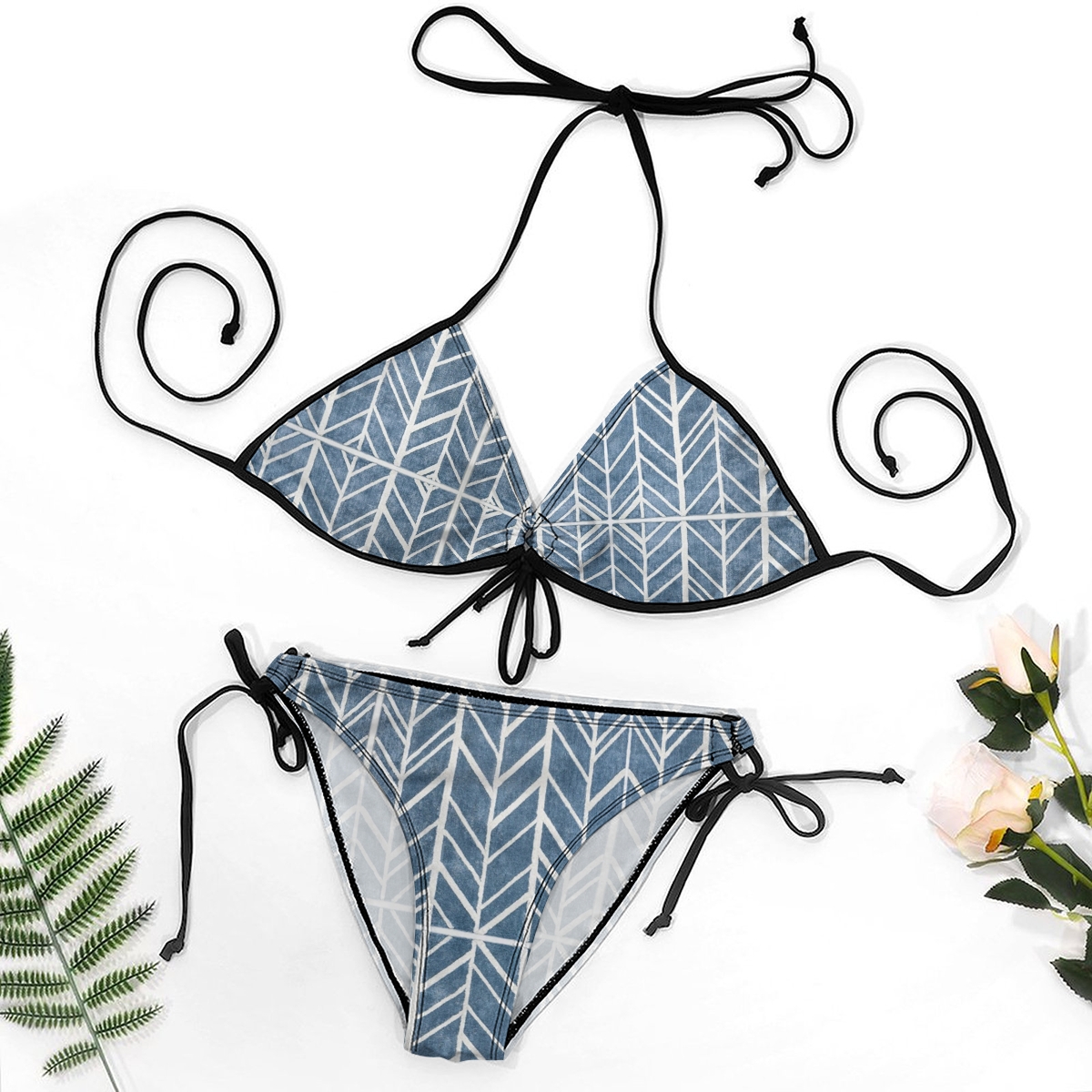 Women's Geometric Leaf Print Bikini Set Blue and White with Black Trim