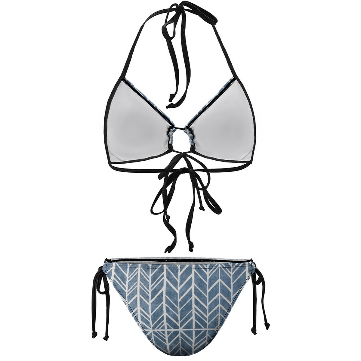 Women's Geometric Leaf Print Bikini Set Blue and White with Black Trim