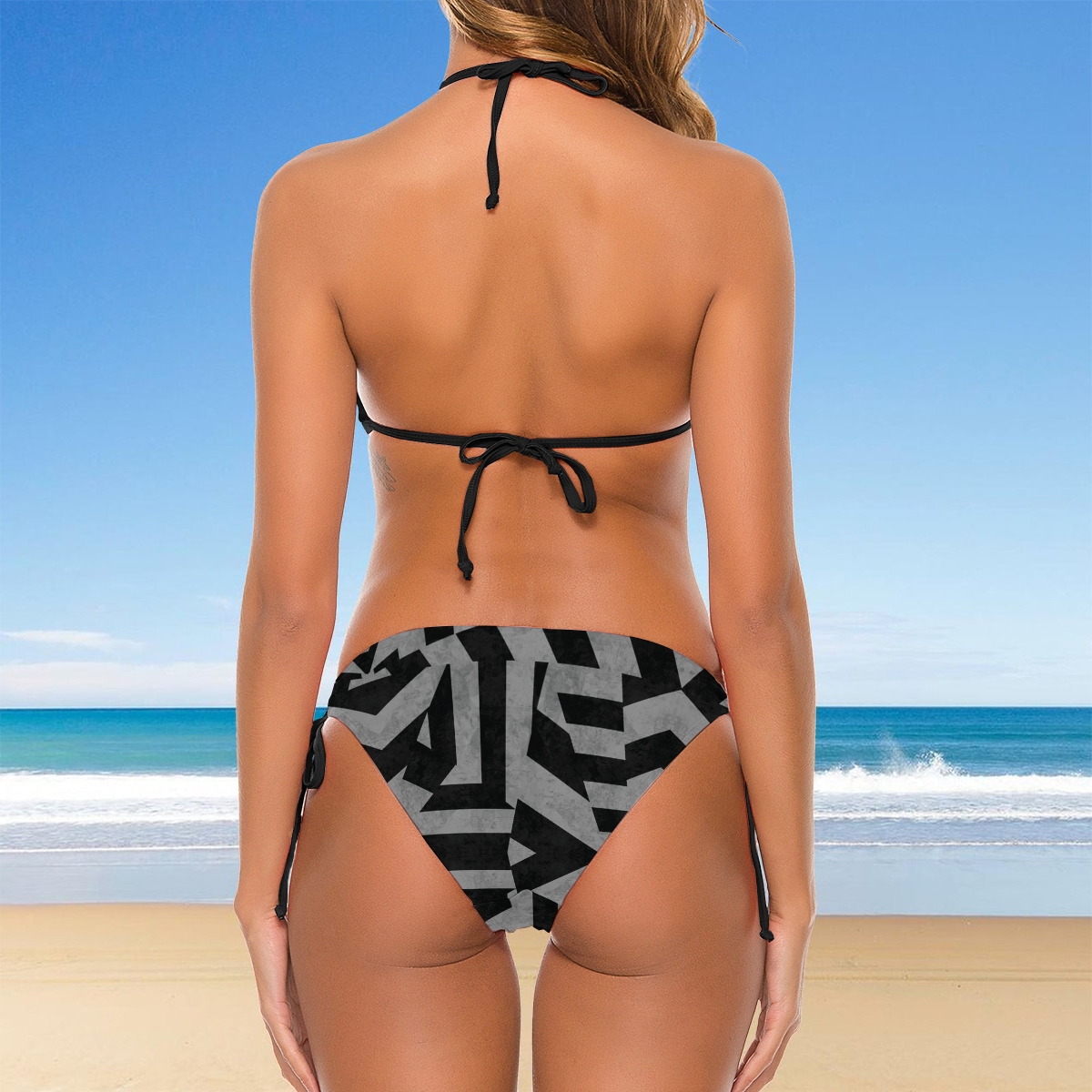Women's Geometric Print Bikini Set Black and Gray Halter Top with Tie Side Bottoms