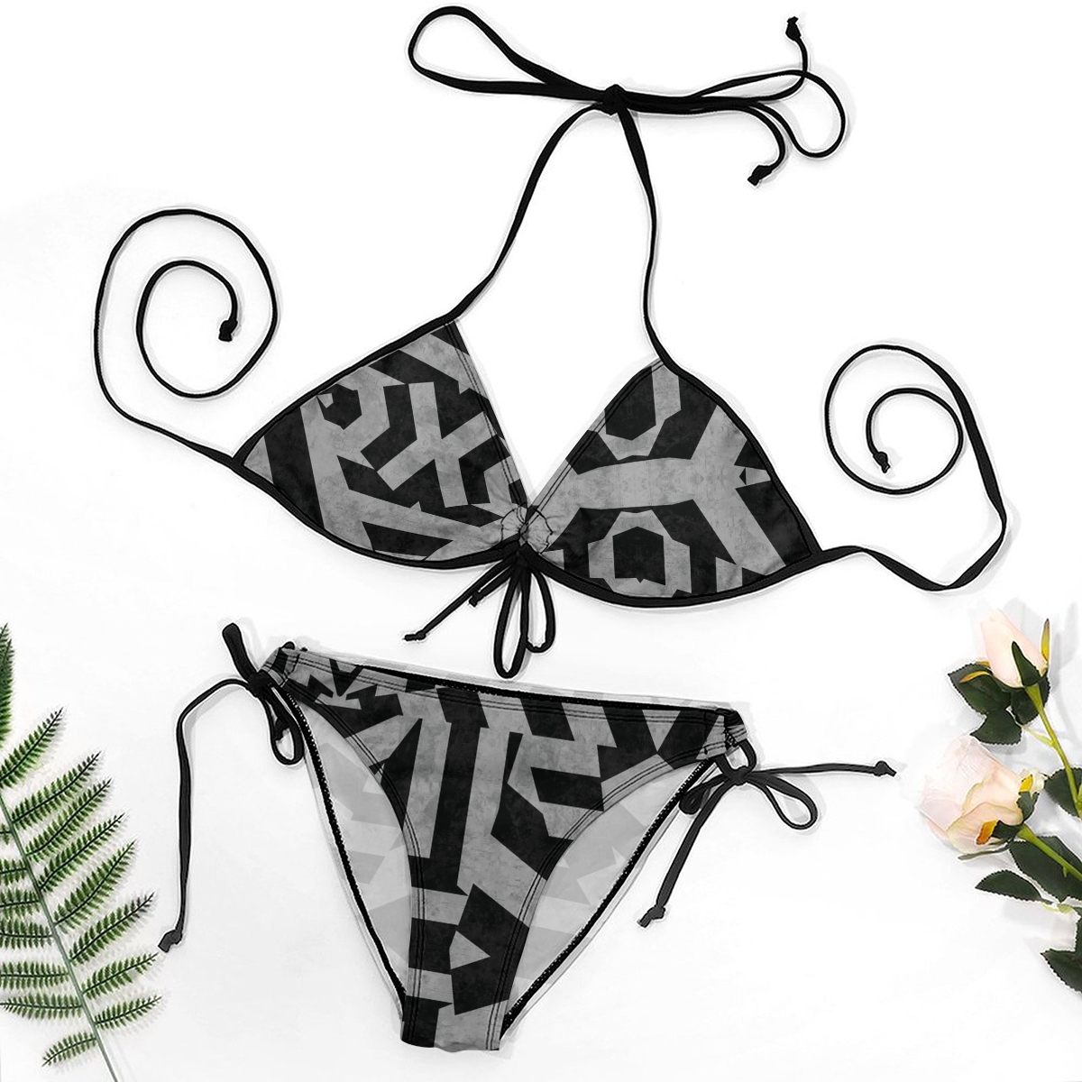Women's Geometric Print Bikini Set Black and Gray Halter Top with Tie Side Bottoms
