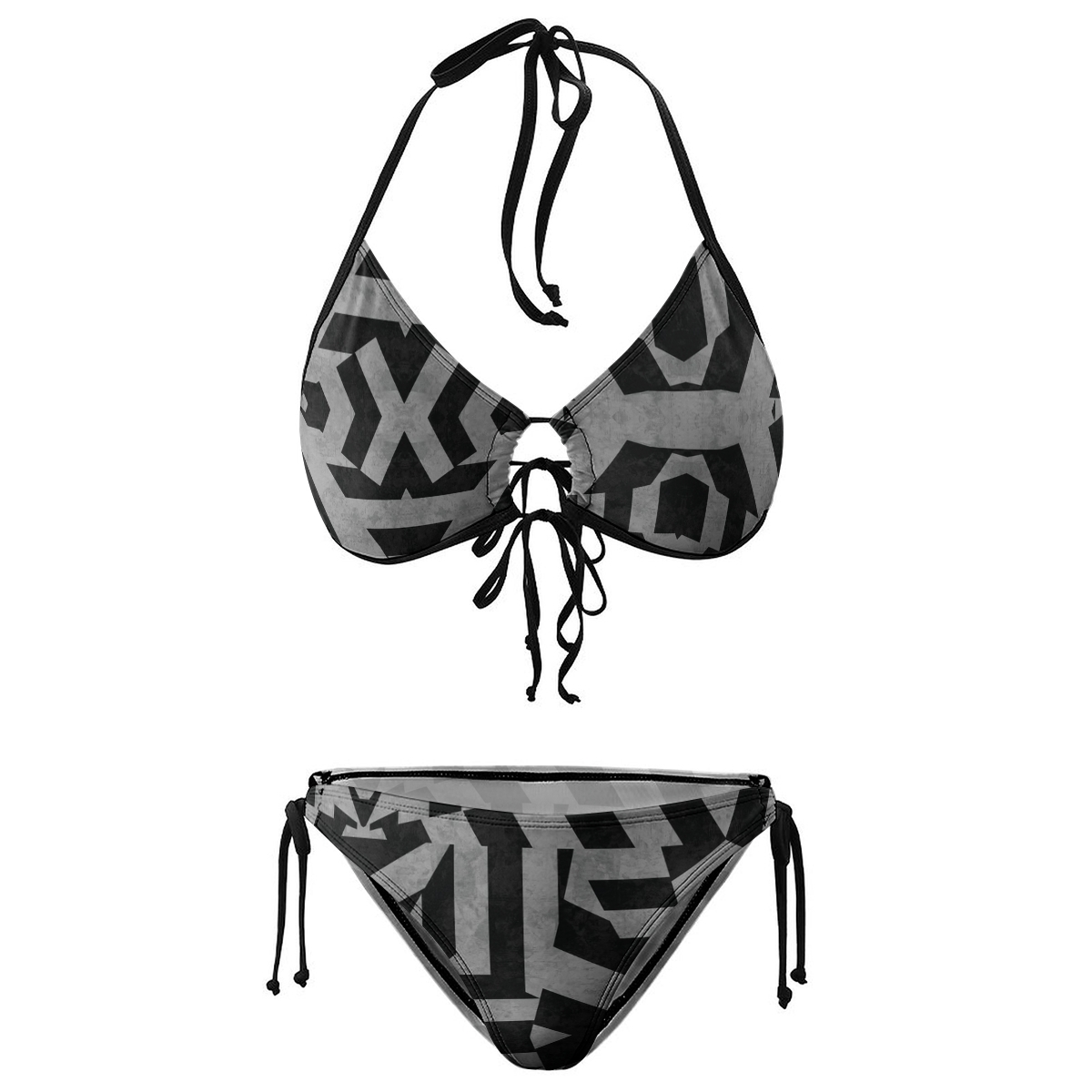 Women's Geometric Print Bikini Set Black and Gray Halter Top with Tie Side Bottoms