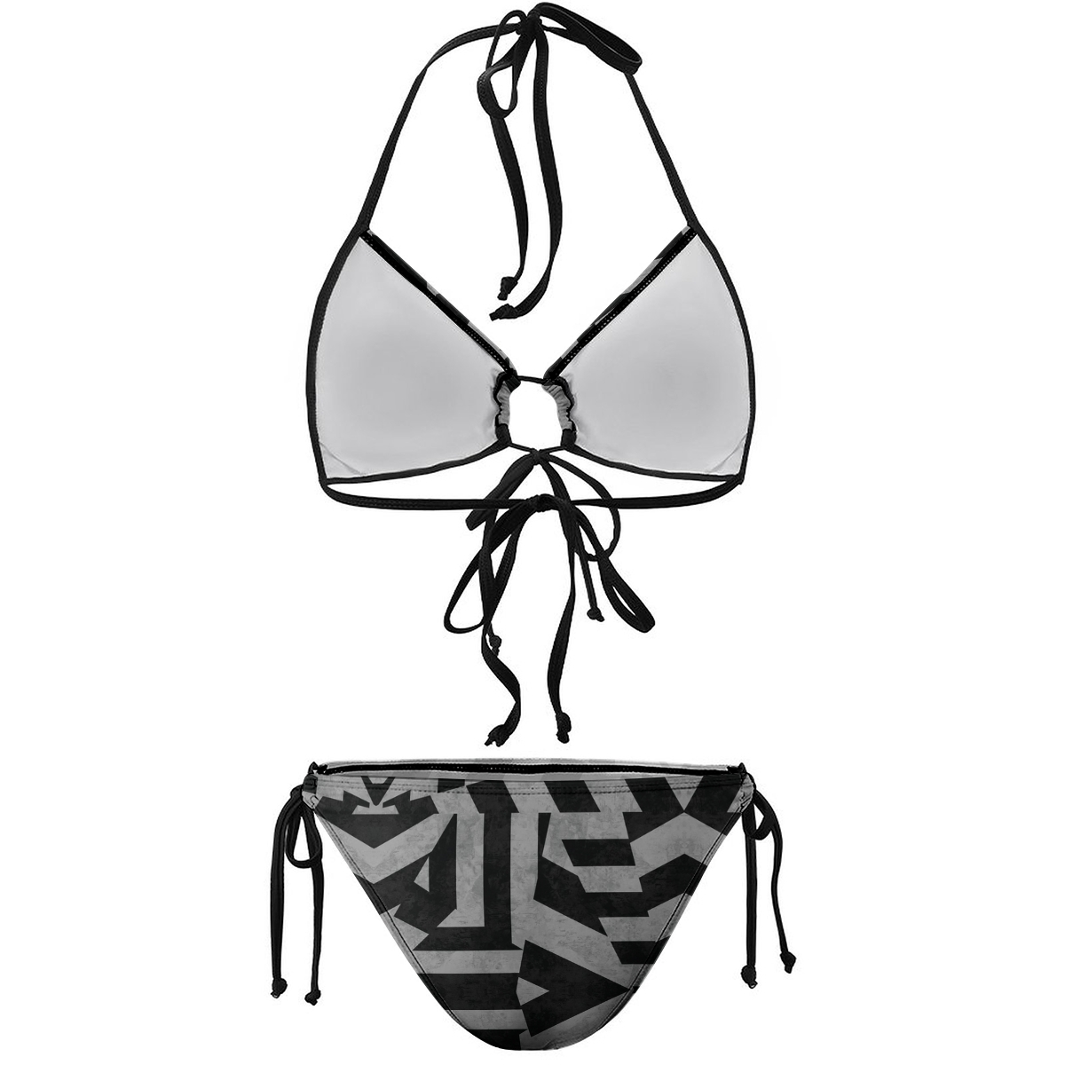 Women's Geometric Print Bikini Set Black and Gray Halter Top with Tie Side Bottoms
