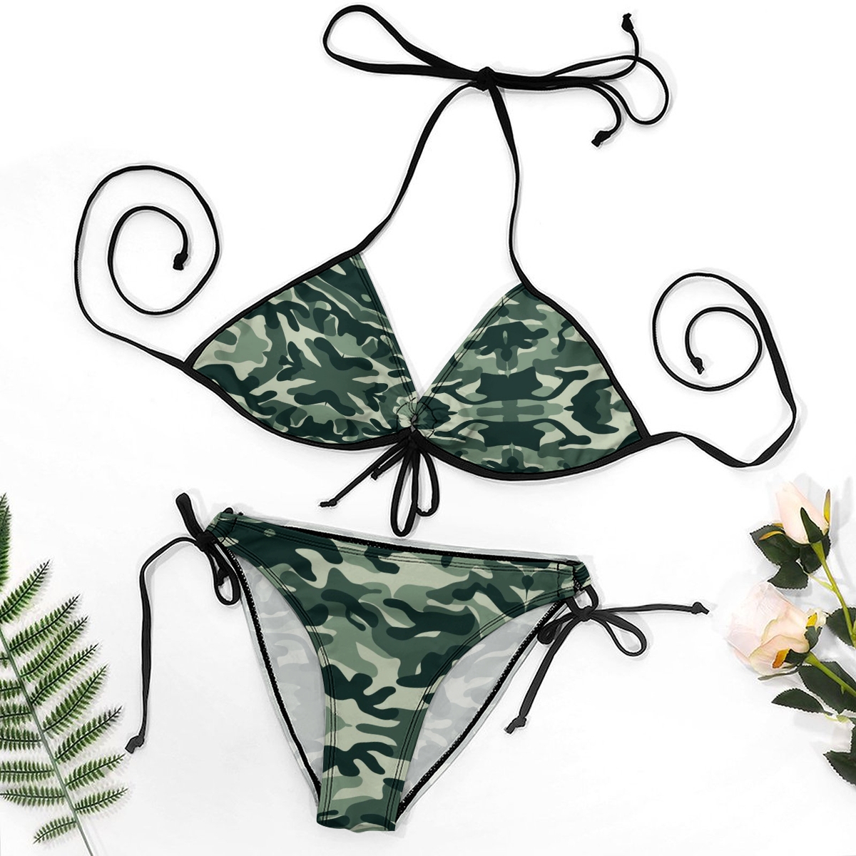 Military Style Two Piece Bikini for Women Green Camo Print with Adjustable Ties