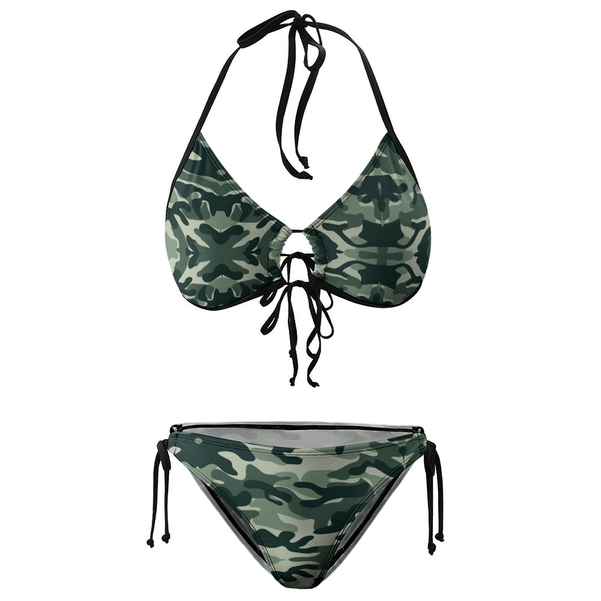 Military Style Two Piece Bikini for Women Green Camo Print with Adjustable Ties