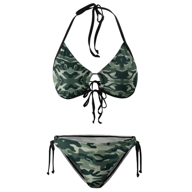 Military Style Two Piece Bikini for Women Green Camo Print with Adjustable Ties
