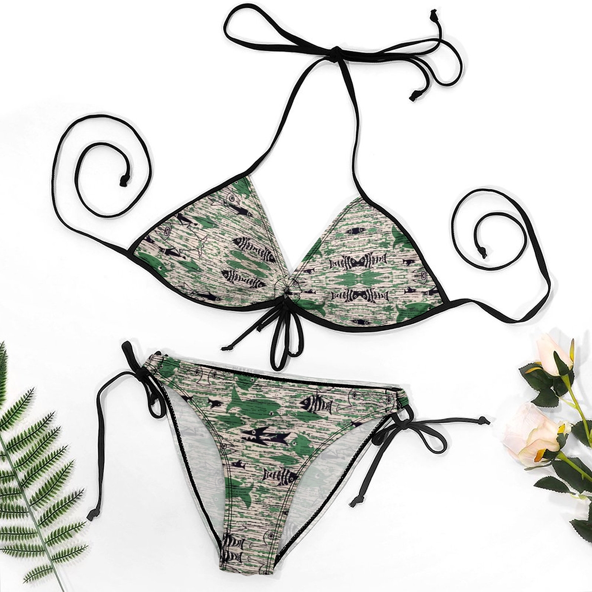 Tropical Fish Print Bikini Set for Women Halter Neck with Adjustable Tie Bottoms