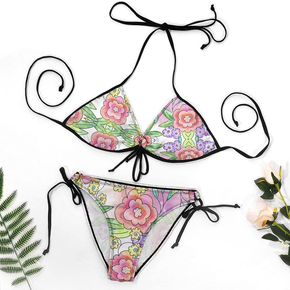 Women's Floral Bikini Set Halter Top with Ring Detail and Tie Side Bottoms