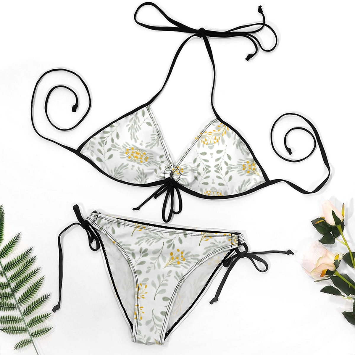 Summer Flower Print Bikini Yellow Blossom Pattern with Black Straps