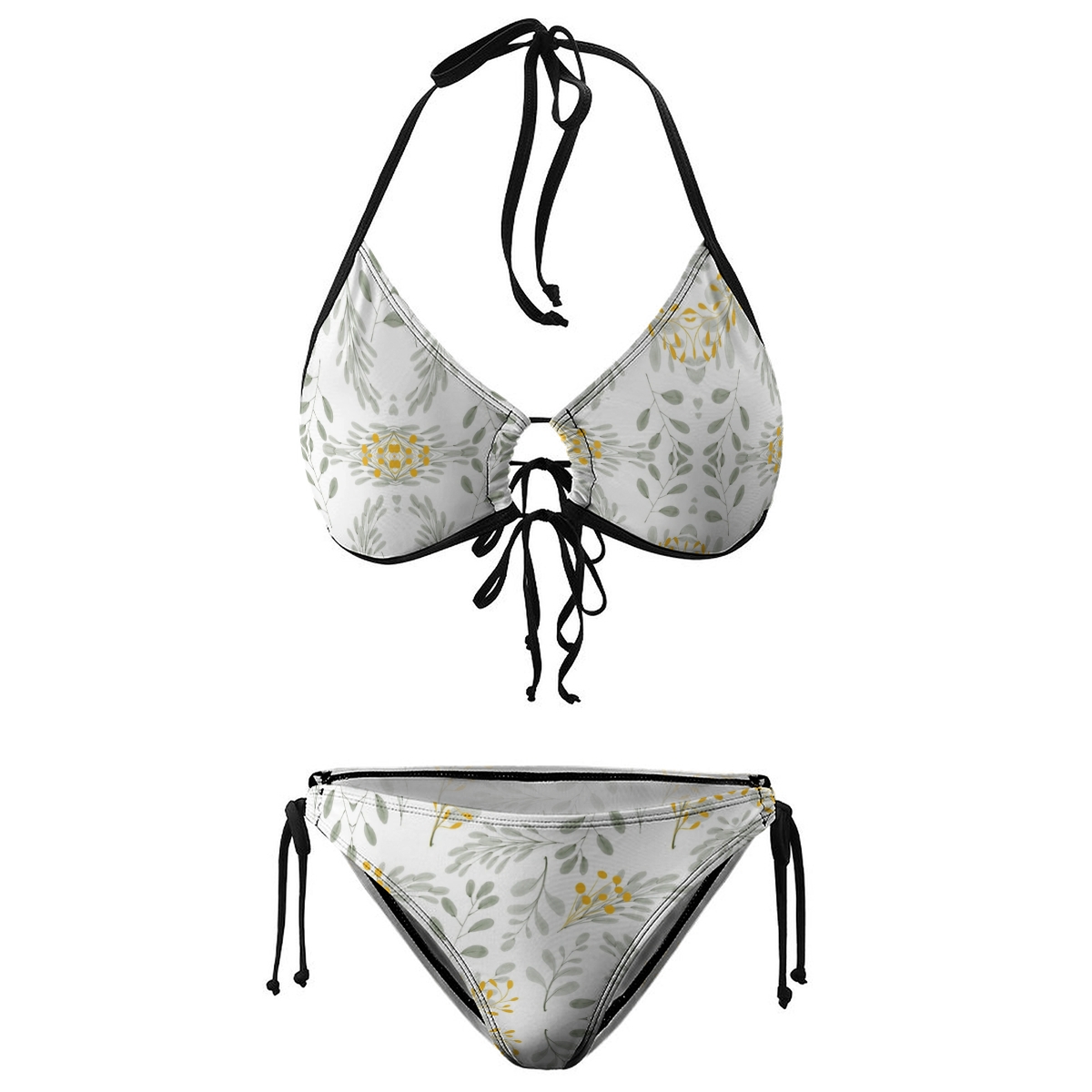 Summer Flower Print Bikini Yellow Blossom Pattern with Black Straps