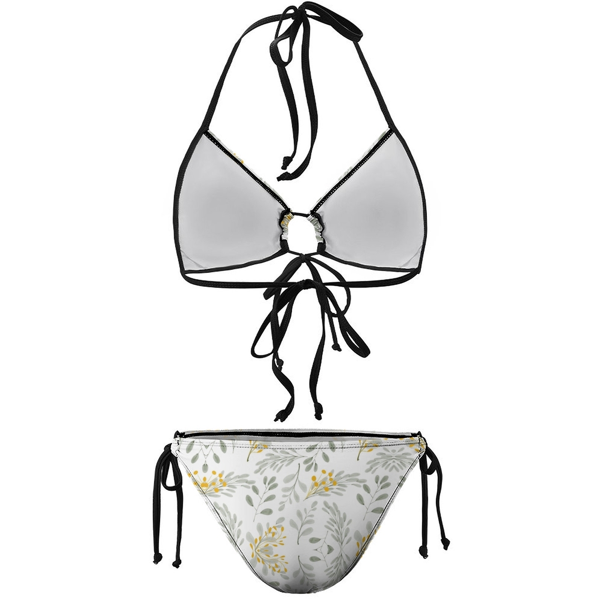 Summer Flower Print Bikini Yellow Blossom Pattern with Black Straps