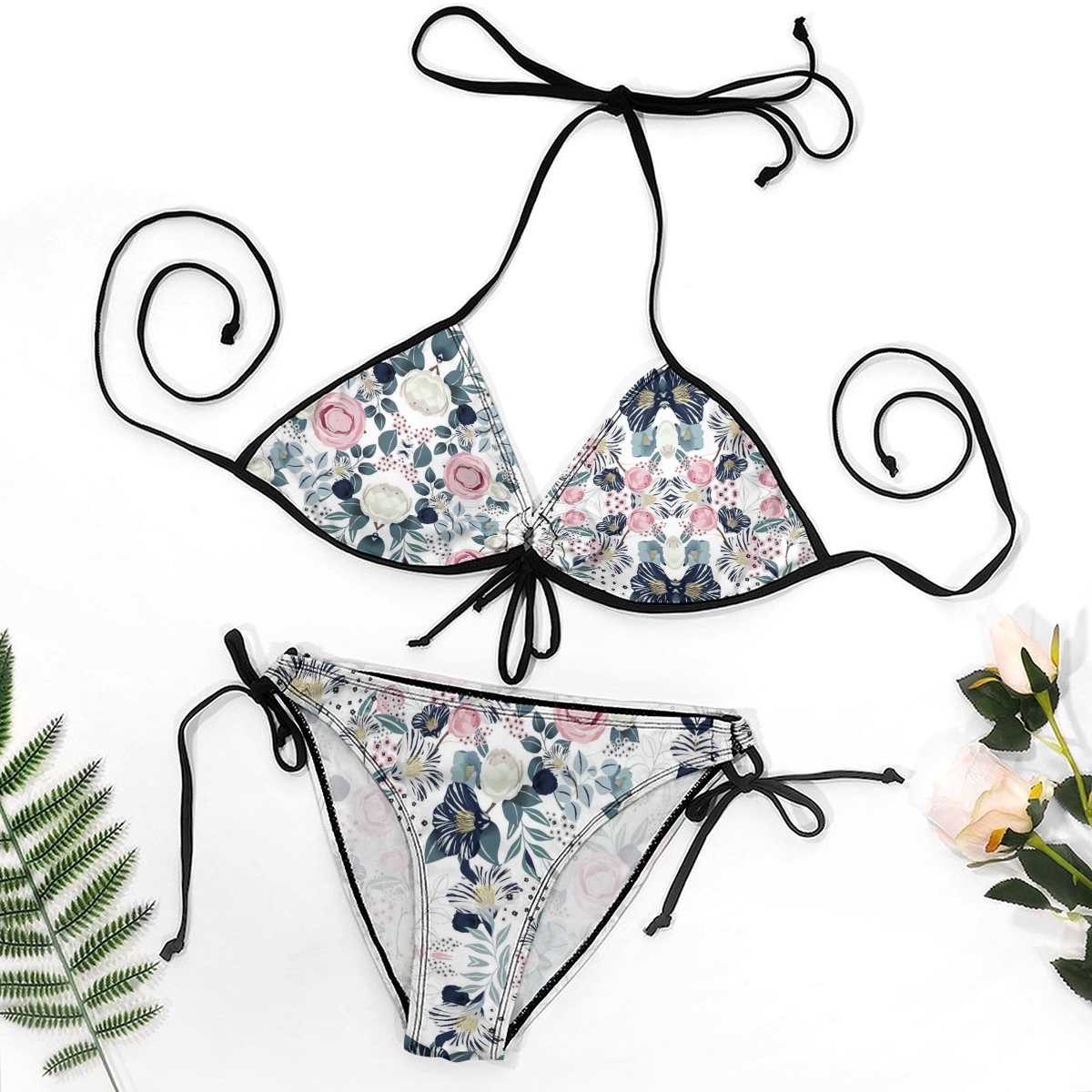 Colorful Flower Print Bikini Pink Blue and White Floral Pattern with Black Straps