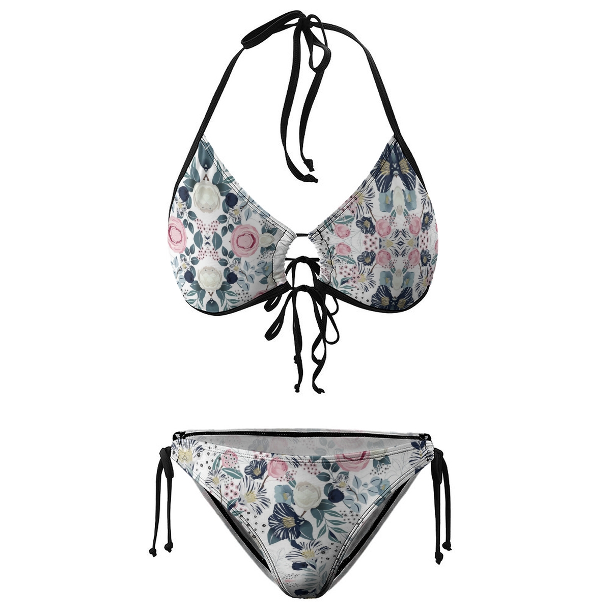 Colorful Flower Print Bikini Pink Blue and White Floral Pattern with Black Straps