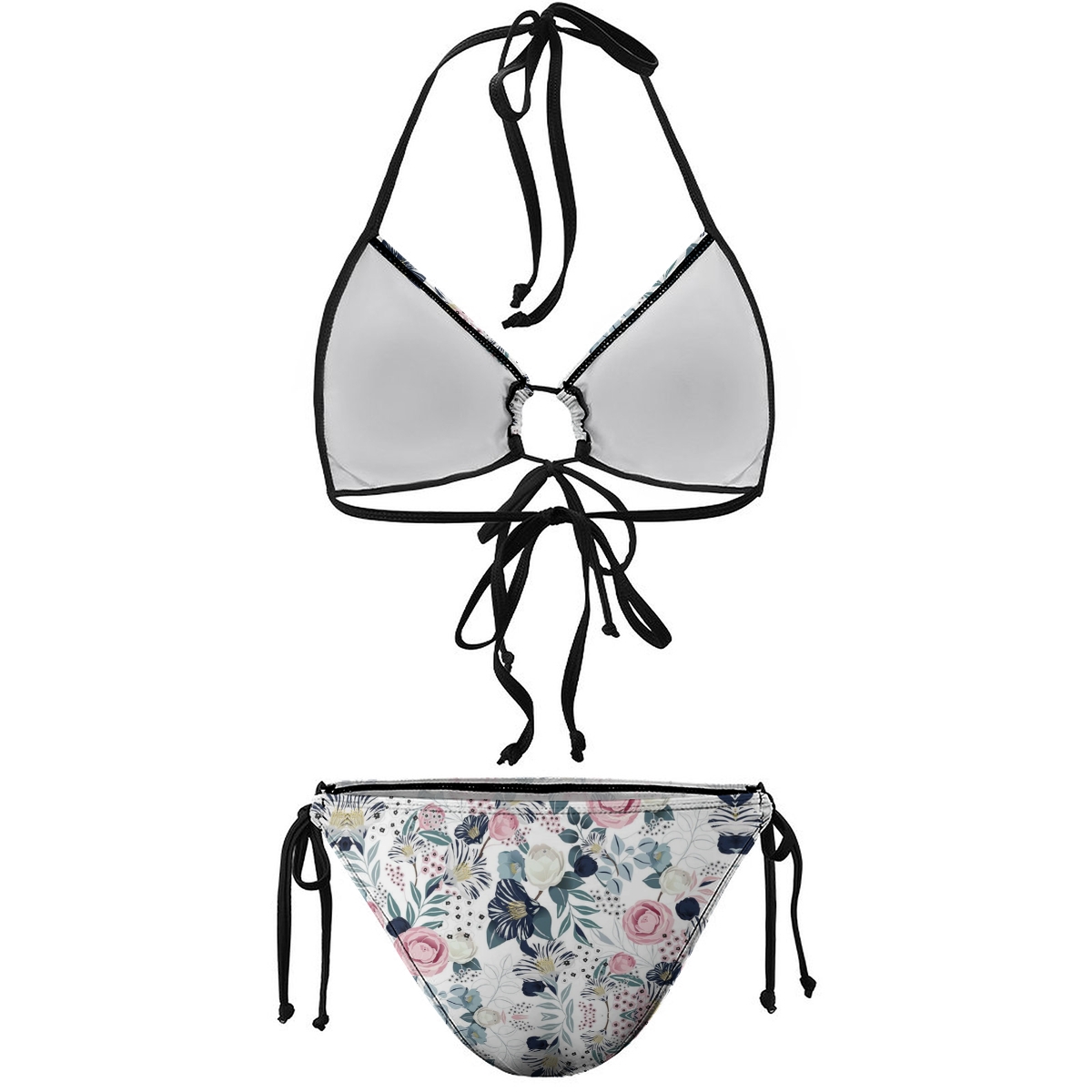 Colorful Flower Print Bikini Pink Blue and White Floral Pattern with Black Straps