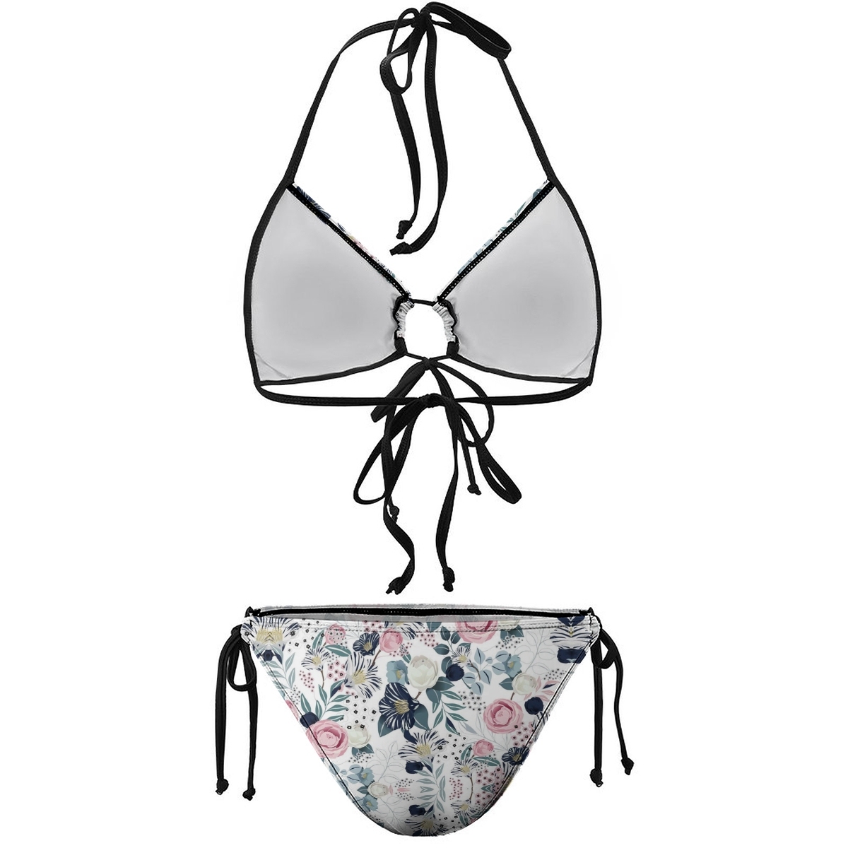 Colorful Flower Print Bikini Pink Blue and White Floral Pattern with Black Straps