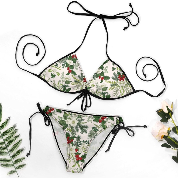 Women's Holiday Bikini Set Green Leaf and Red Berry Print with Ring Detail