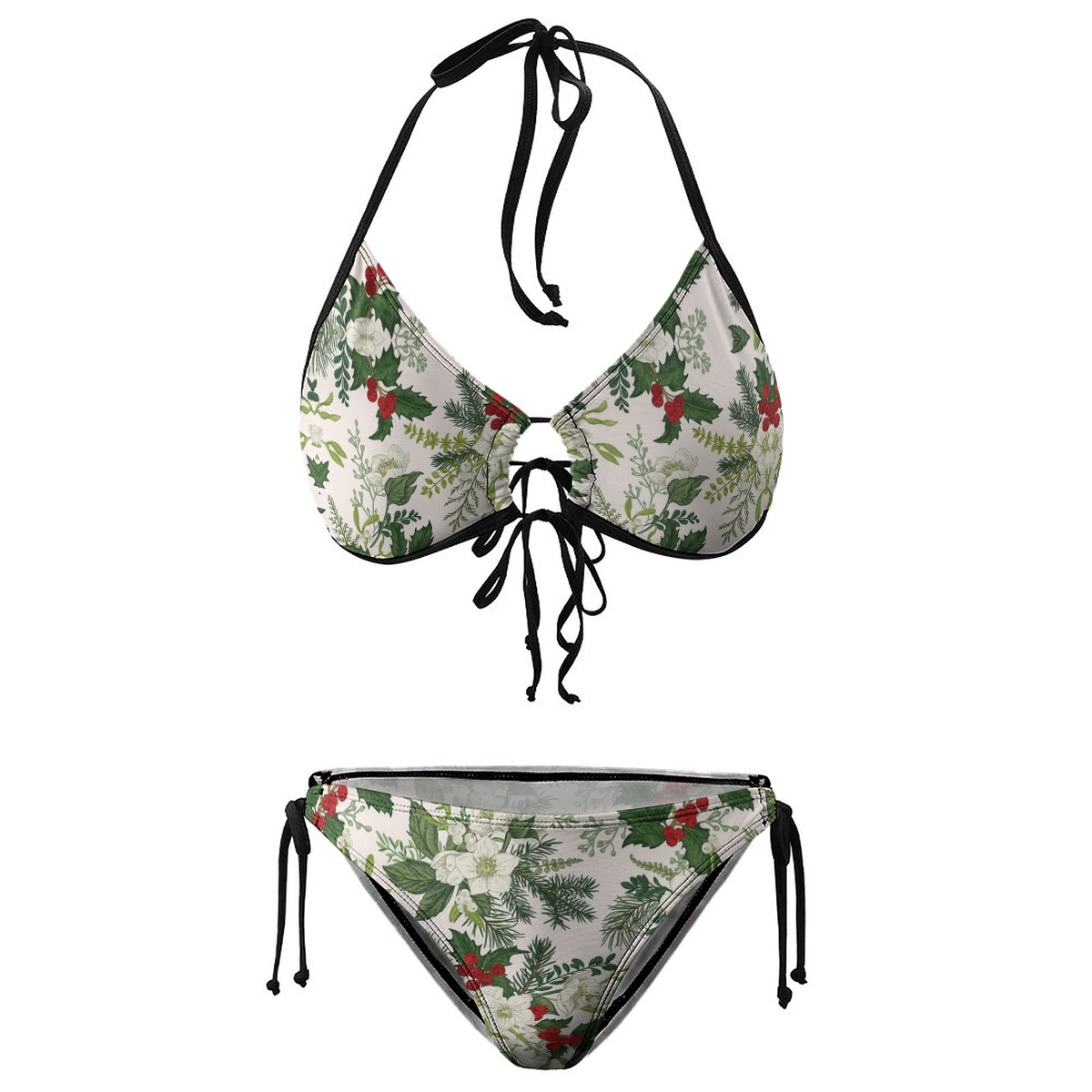 Women's Holiday Bikini Set Green Leaf and Red Berry Print with Ring Detail