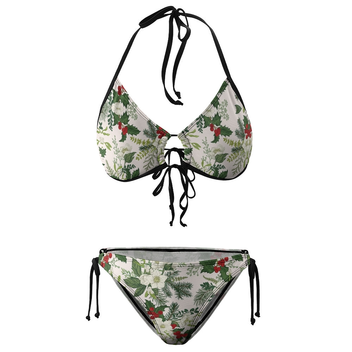 Women's Holiday Bikini Set Green Leaf and Red Berry Print with Ring Detail