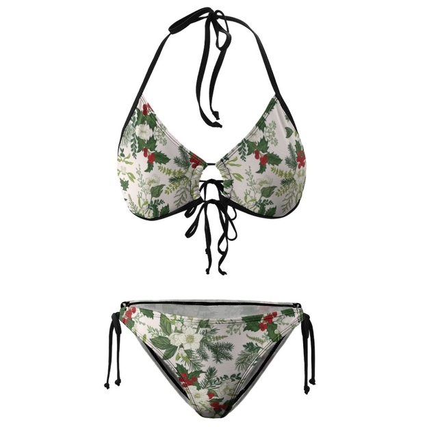 Women's Holiday Bikini Set Green Leaf and Red Berry Print with Ring Detail
