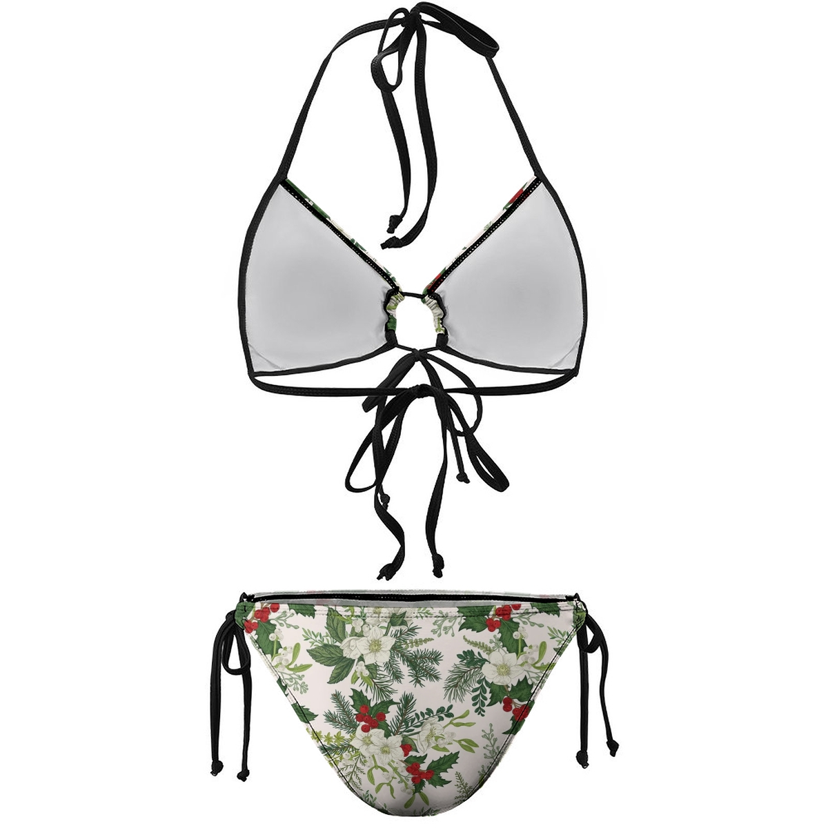 Women's Holiday Bikini Set Green Leaf and Red Berry Print with Ring Detail