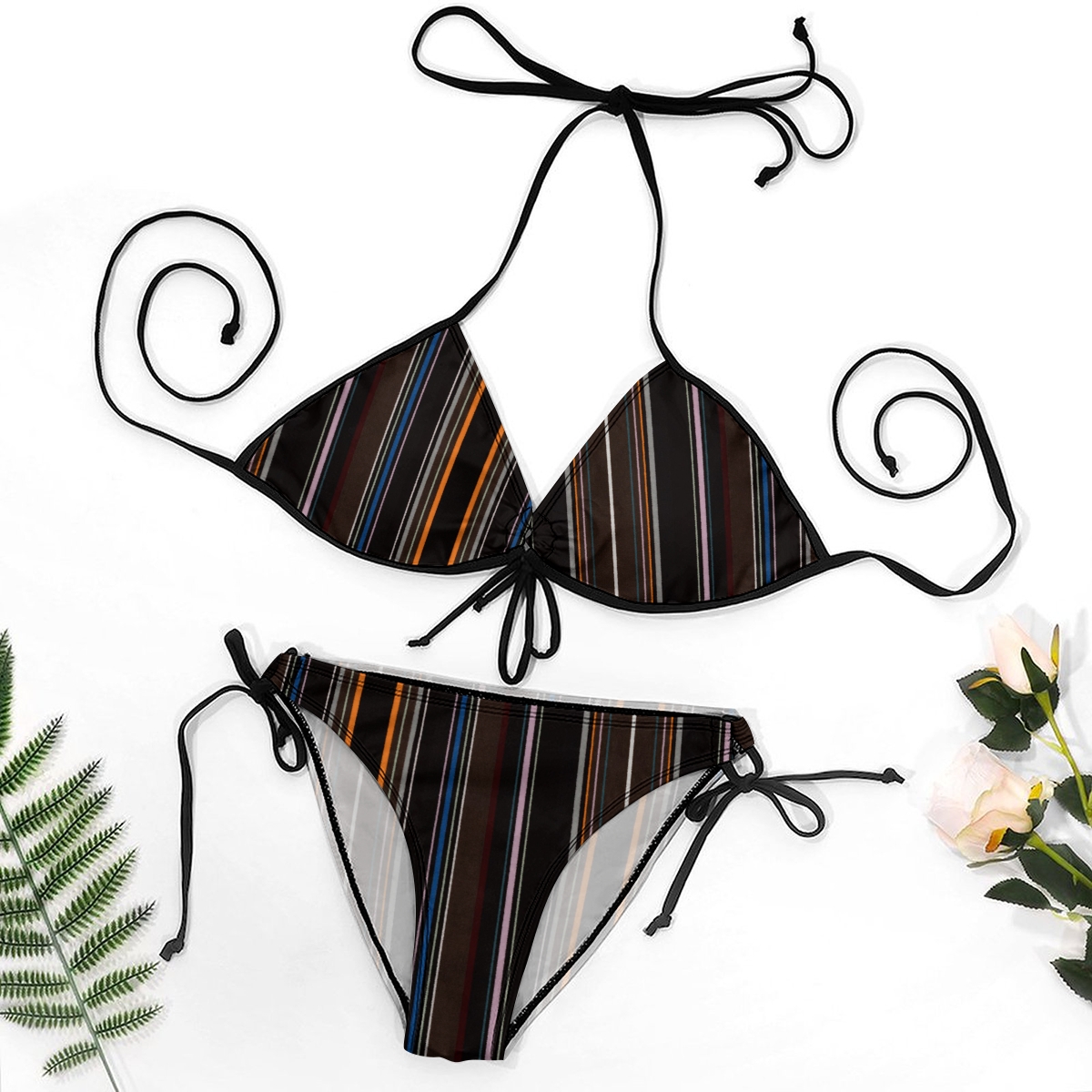 Two Piece Bikini Set for Women Multicolor Stripe Pattern with Tie Details