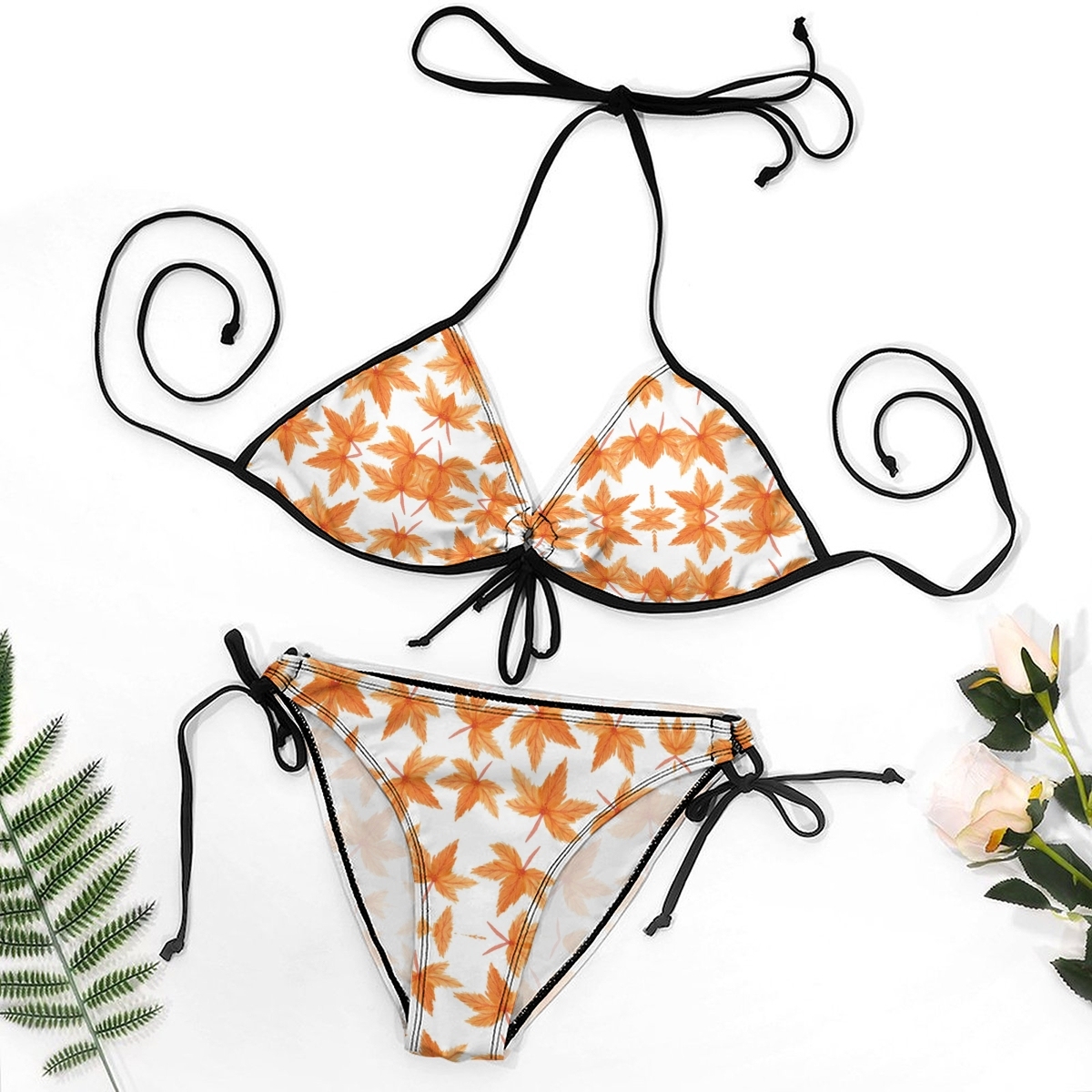 Women's Autumn Leaf Bikini Set White Base with Orange and Brown Print