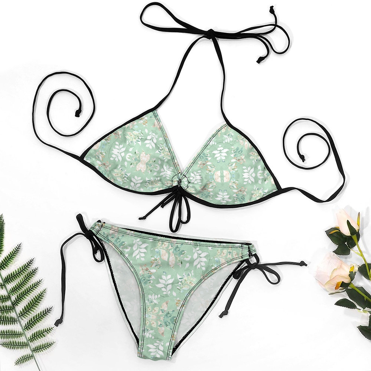 Women's Floral Bikini Set Green Flower Print with Keyhole Halter Top and Tie Side Bottoms