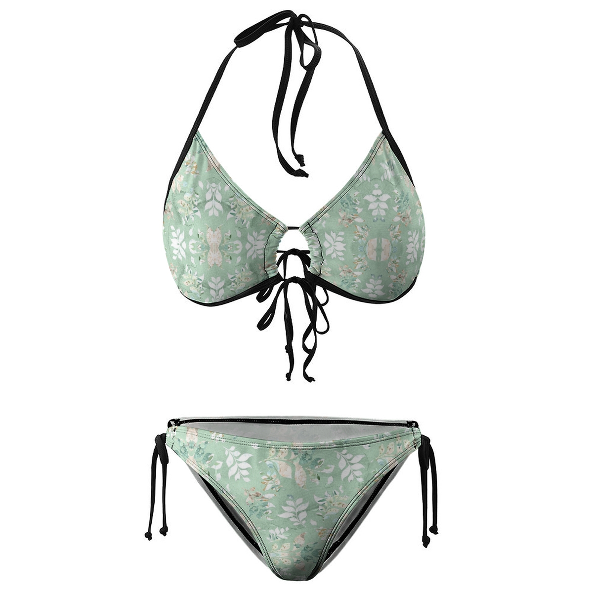 Women's Floral Bikini Set Green Flower Print with Keyhole Halter Top and Tie Side Bottoms