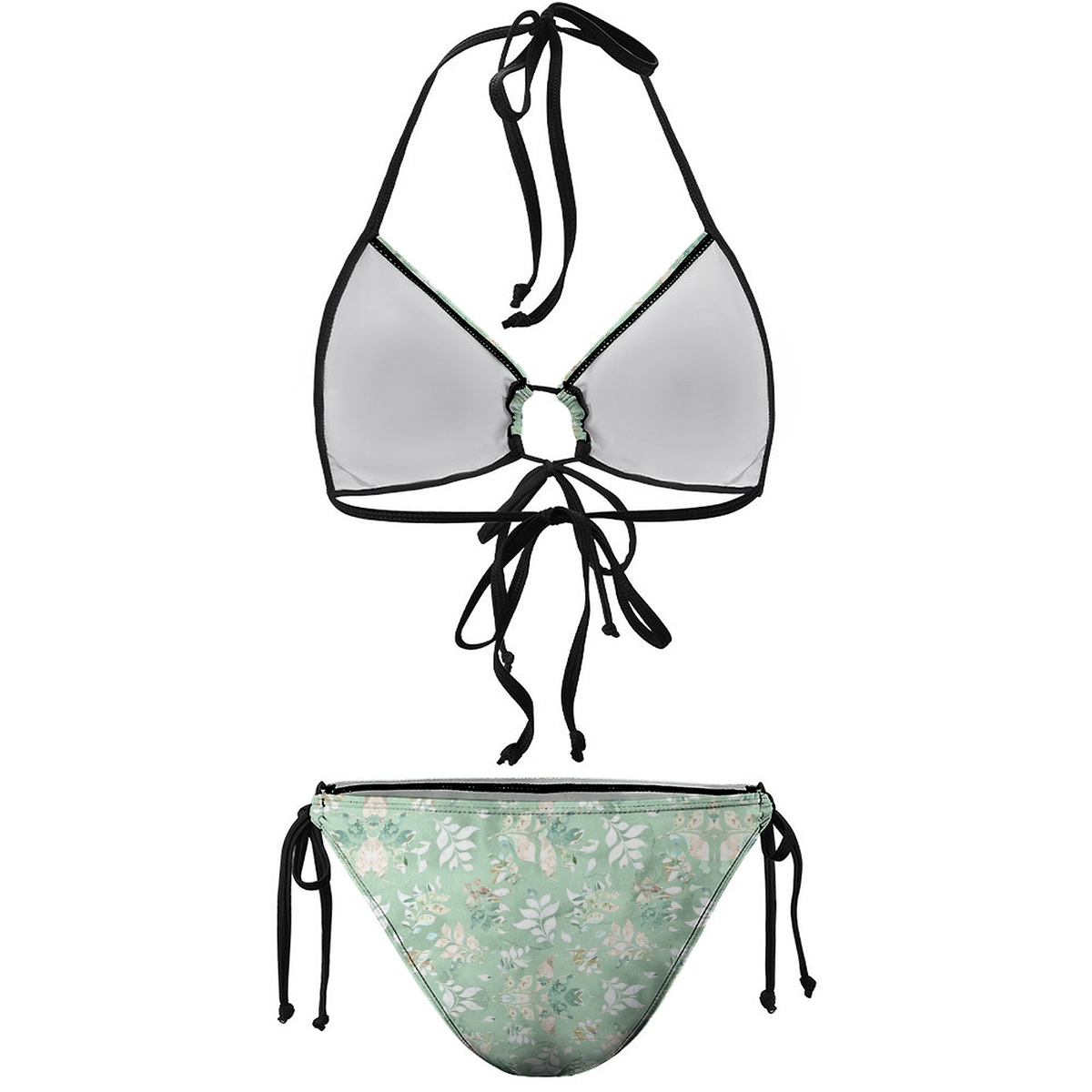 Women's Floral Bikini Set Green Flower Print with Keyhole Halter Top and Tie Side Bottoms