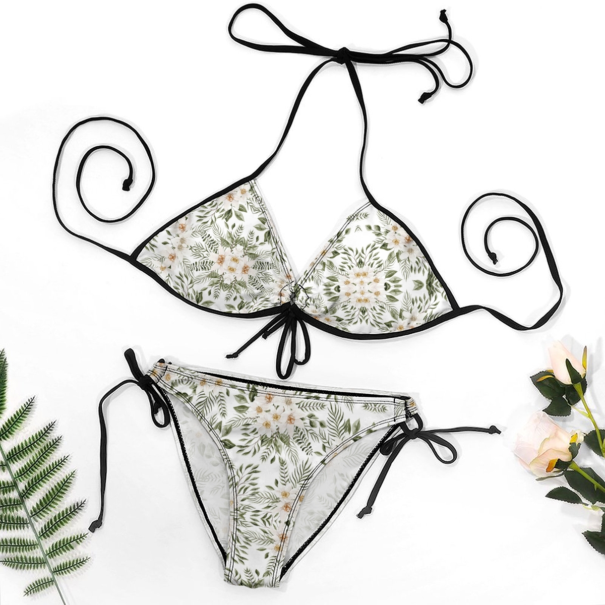 Nature Inspired Bikini Green Leaf and Floral Design with Halter Neck and Black Trim