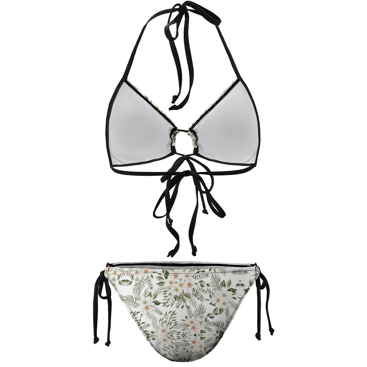 Nature Inspired Bikini Green Leaf and Floral Design with Halter Neck and Black Trim