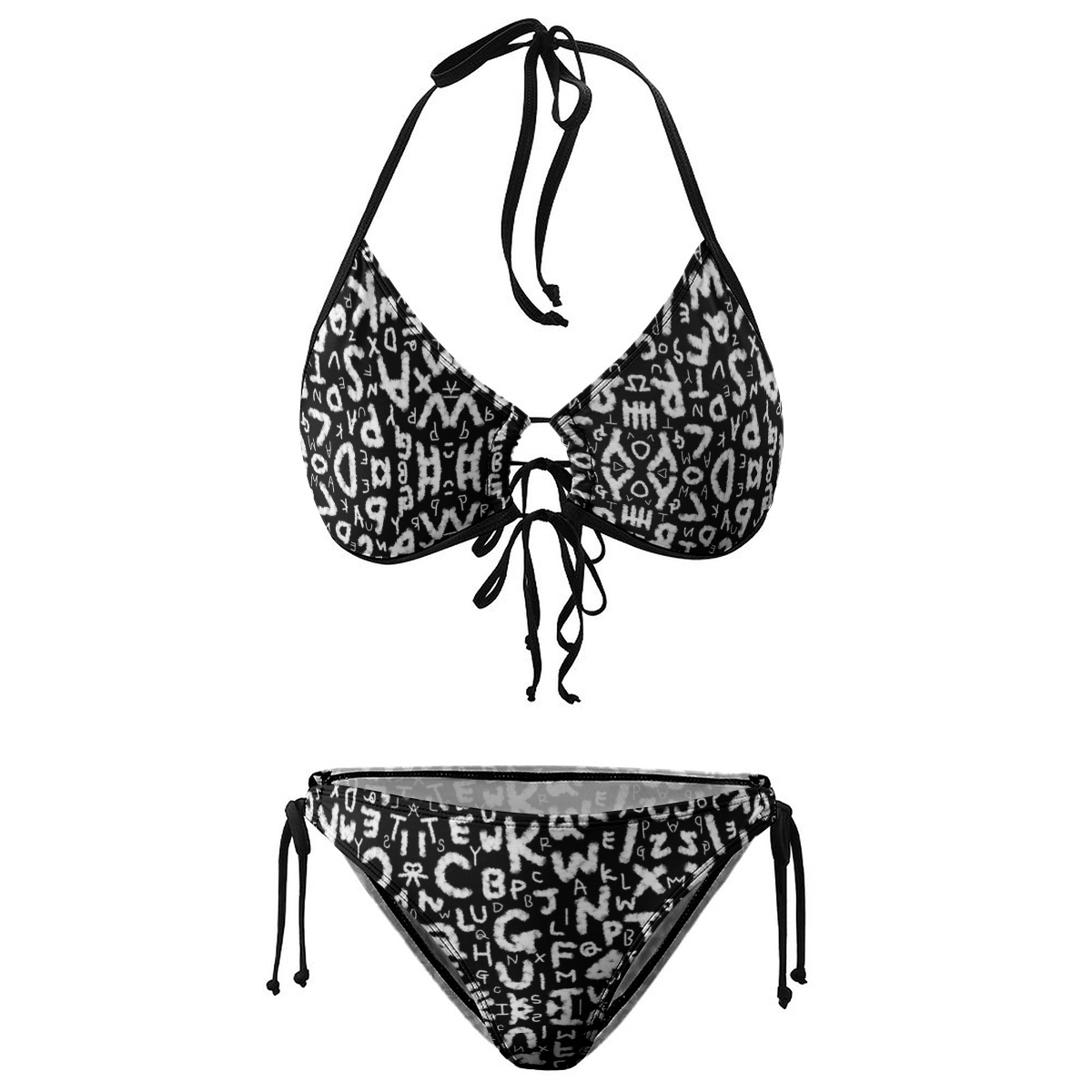 Graphic Letter Bikini for Women Monochrome Typography Pattern with Halter Top