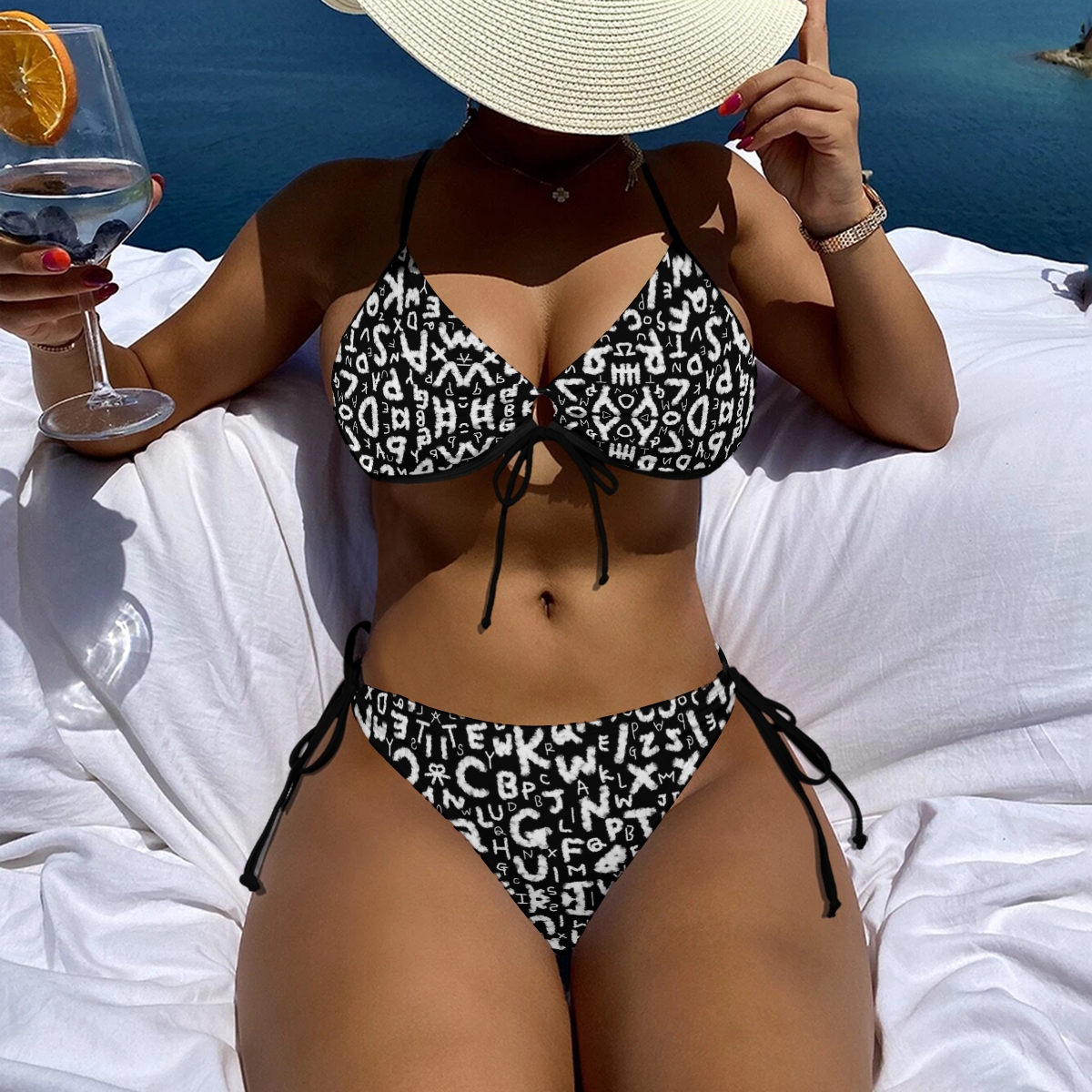 Graphic Letter Bikini for Women Monochrome Typography Pattern with Halter Top