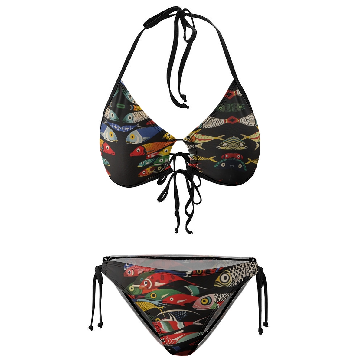 Women's Fish Print Bikini Set Black Base with Colorful Marine Pattern and Tie Side Bottoms