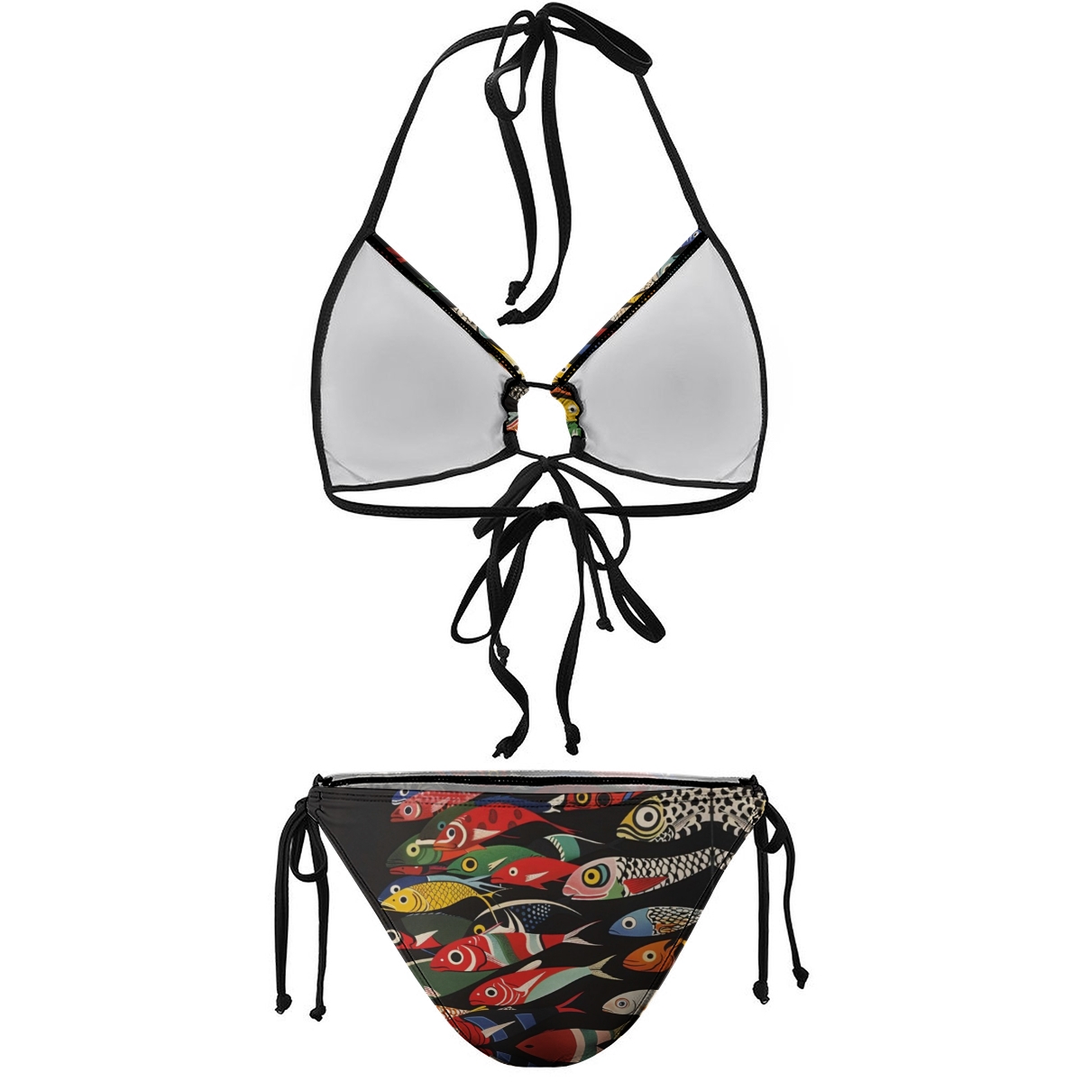 Women's Fish Print Bikini Set Black Base with Colorful Marine Pattern and Tie Side Bottoms