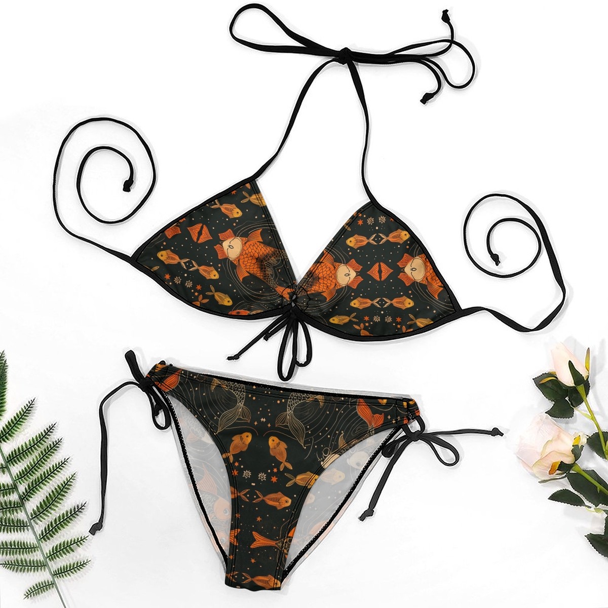 Ocean Inspired Bikini Orange and Brown Fish Motif with Halter Neck and Keyhole Front