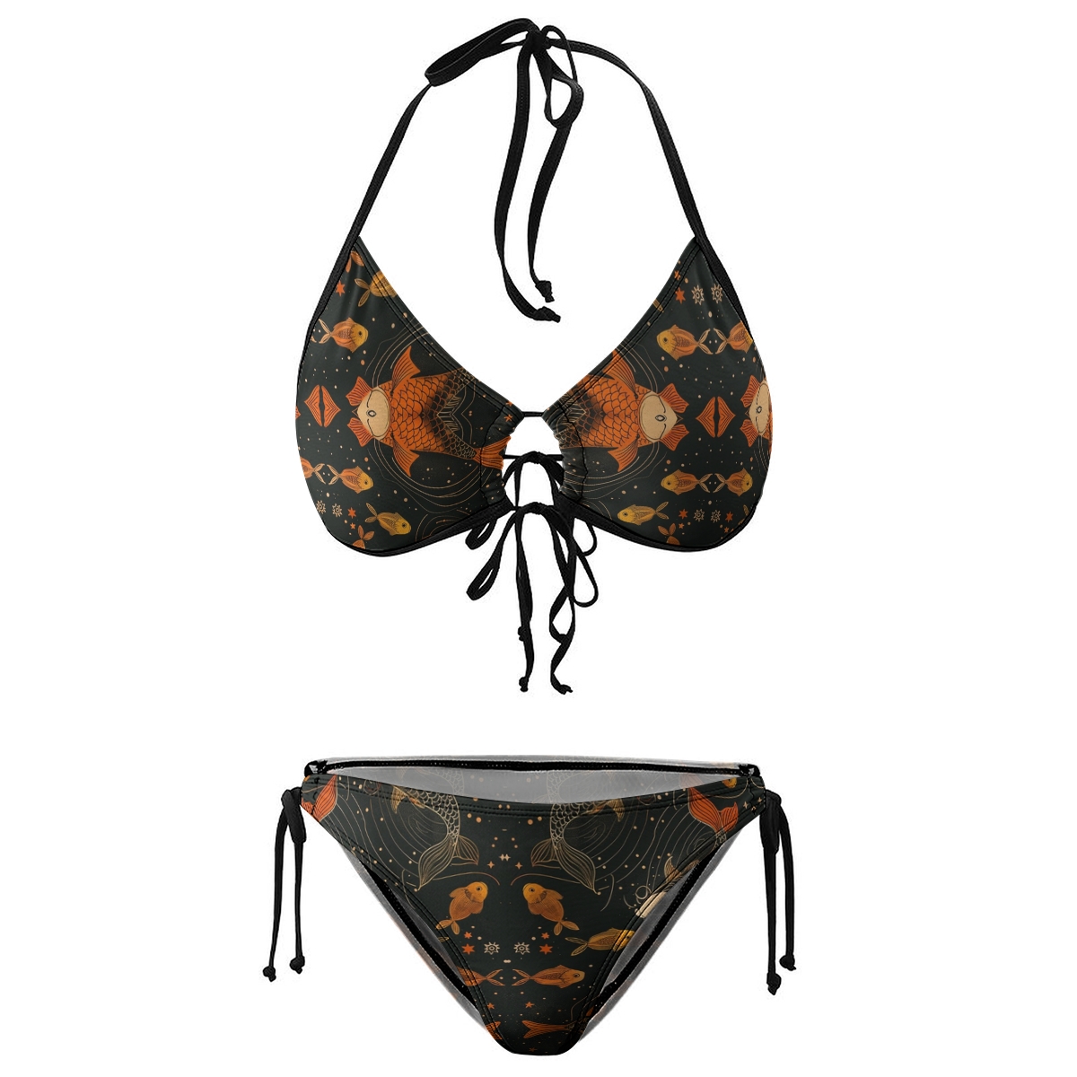 Ocean Inspired Bikini Orange and Brown Fish Motif with Halter Neck and Keyhole Front