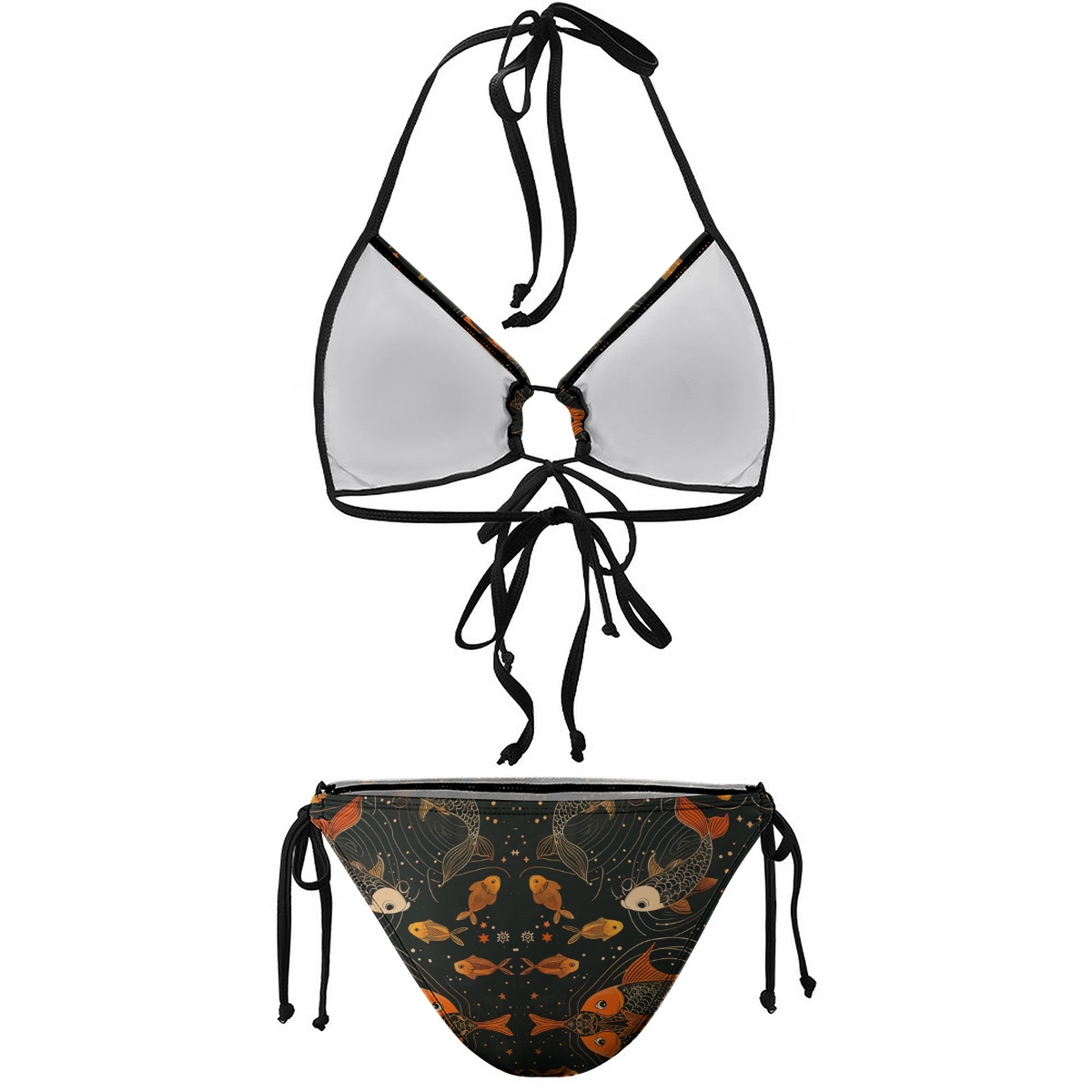 Ocean Inspired Bikini Orange and Brown Fish Motif with Halter Neck and Keyhole Front